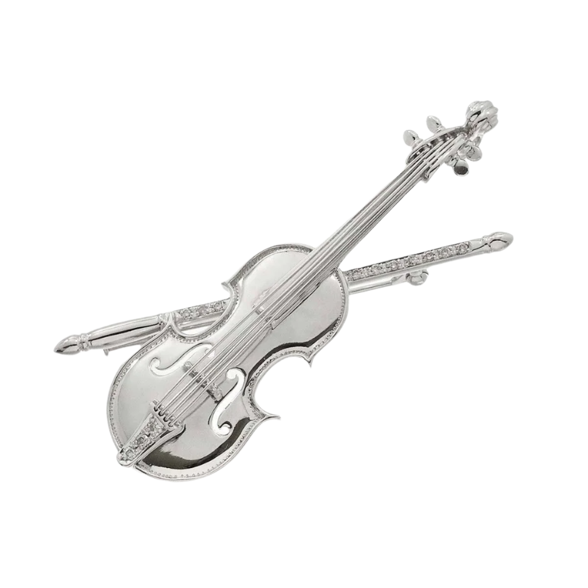 18k Solid White Gold Diamond Violin Vintage Brooch