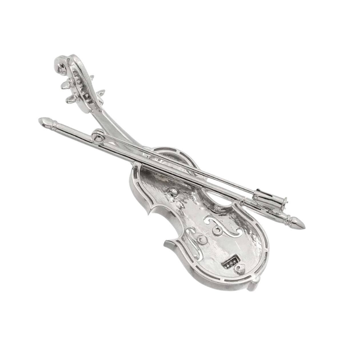 18k Solid White Gold Diamond Violin Vintage Brooch