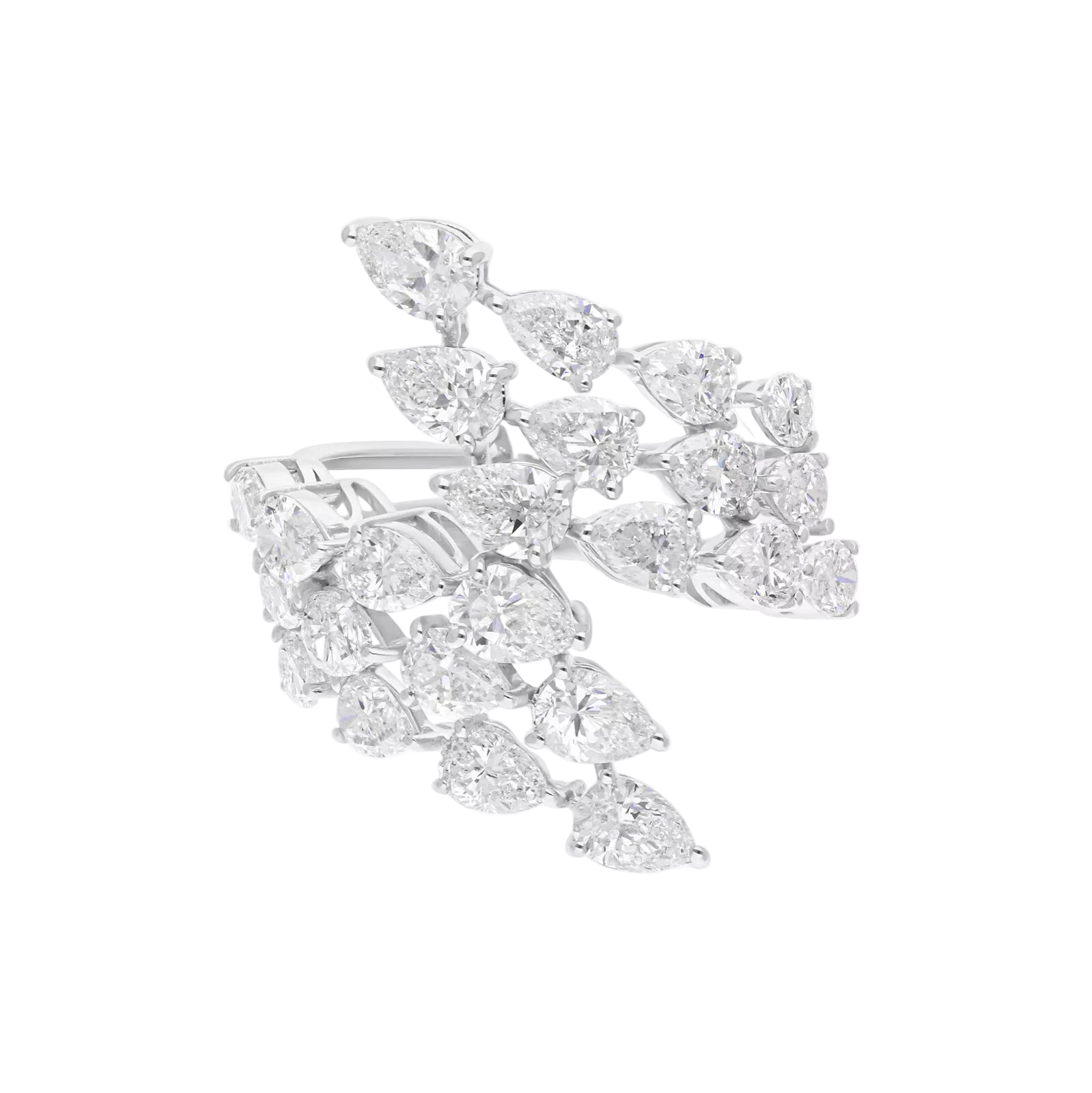 18k Solid White Gold Pear-Shaped Bypass Dimond Cocktail Ring 4.76 CTW