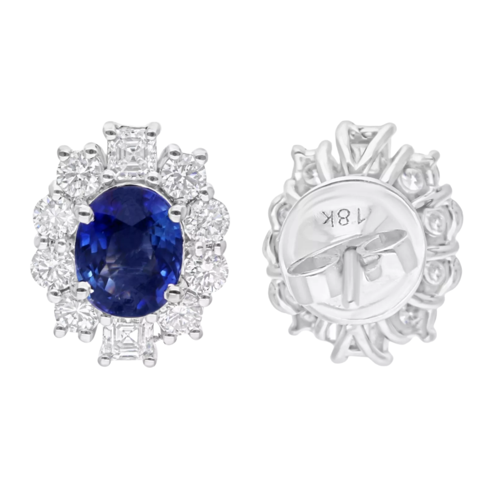 18k Solid White Gold Royal Blue Sapphire and Diamond Studs 4.25 CTW