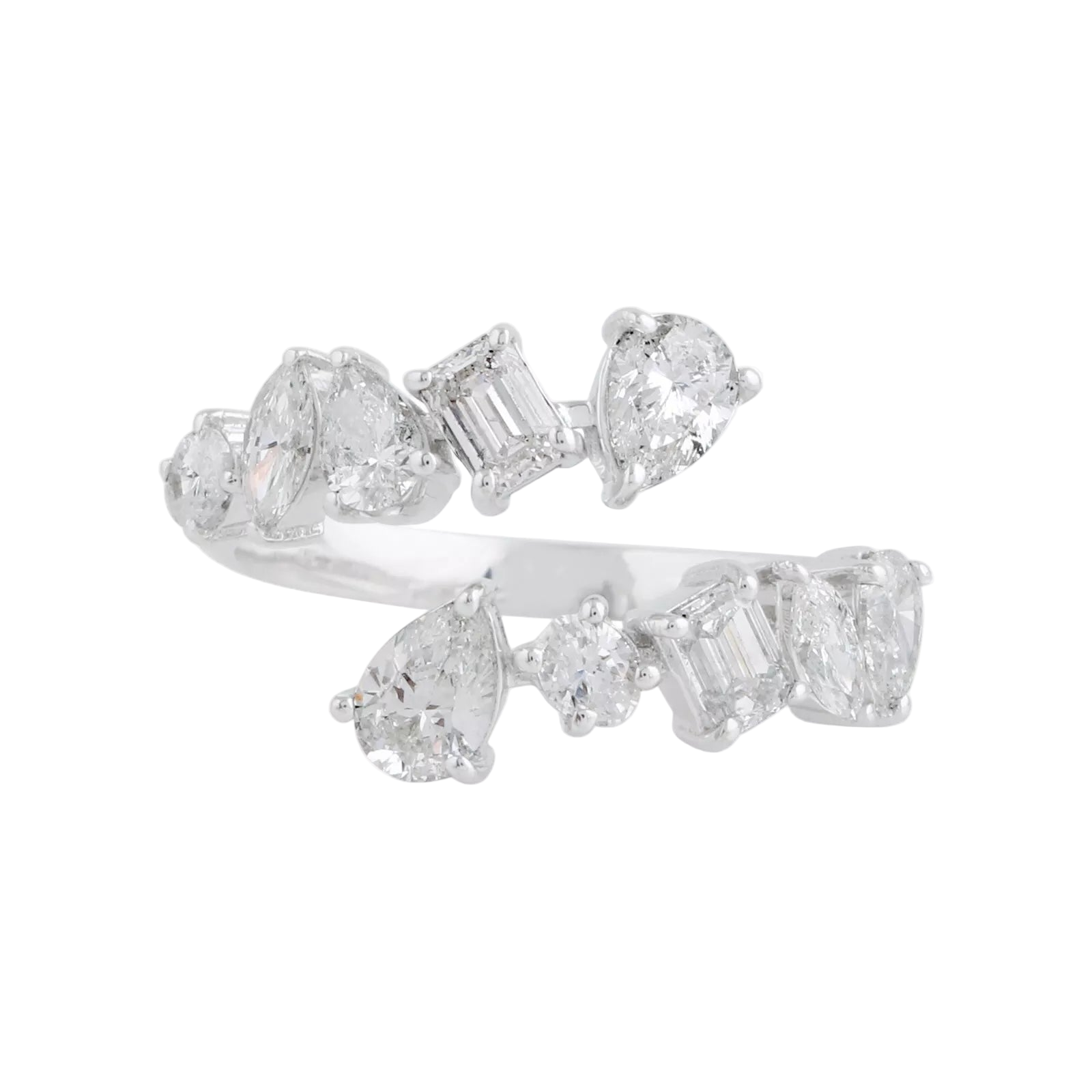 18k Solid White Gold Mixed-Shape Open Cuff Diamond Cocktail Ring 2.23 CTW