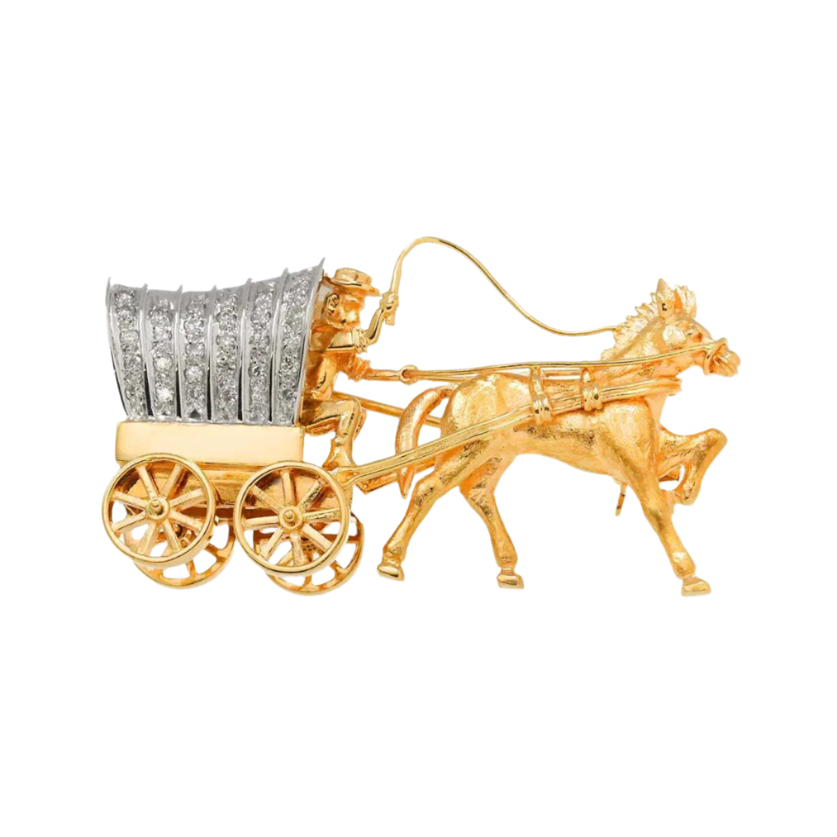 18k Mixed Gold Horse and Carriage Diamond Vintage Brooch