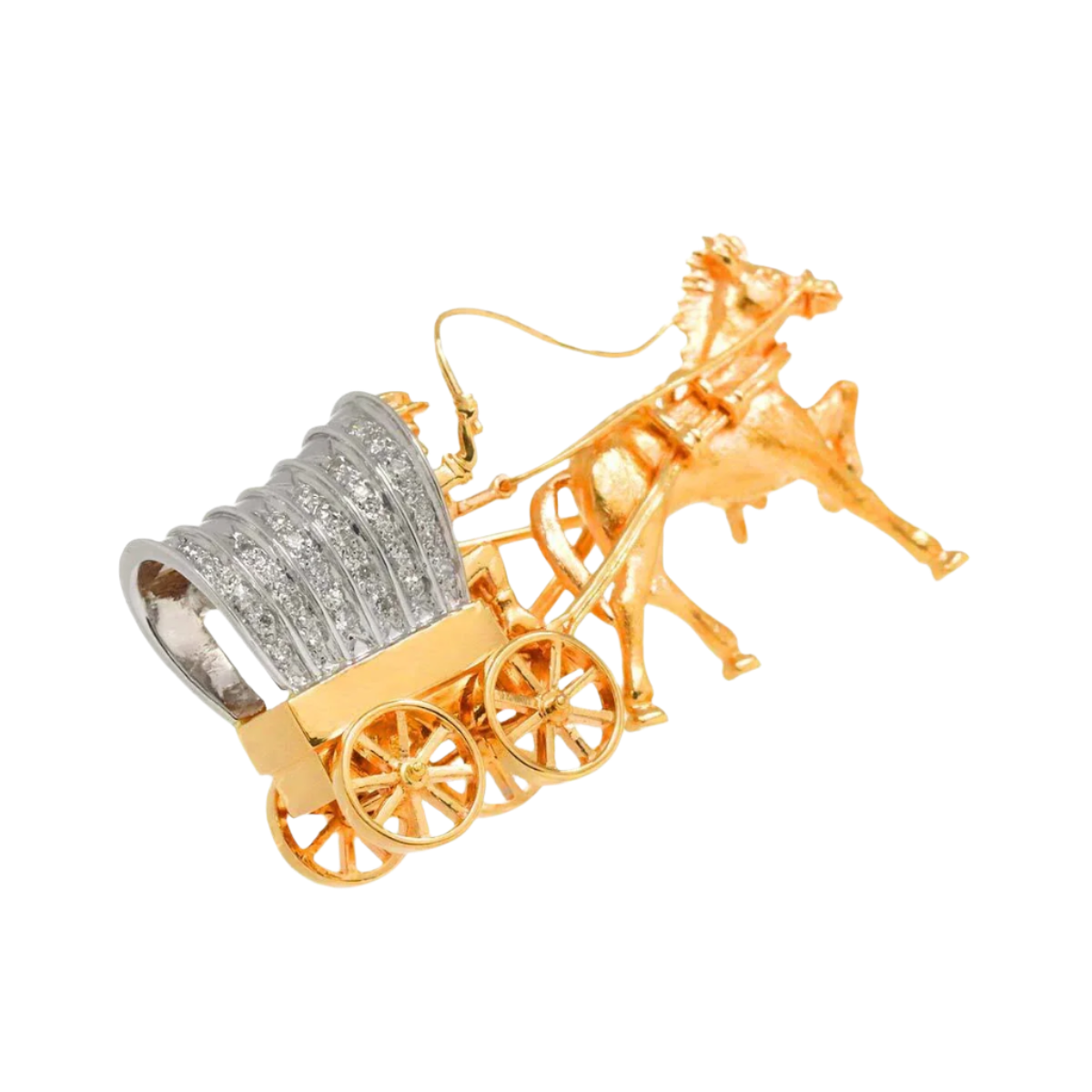 18k Mixed Gold Horse and Carriage Diamond Vintage Brooch