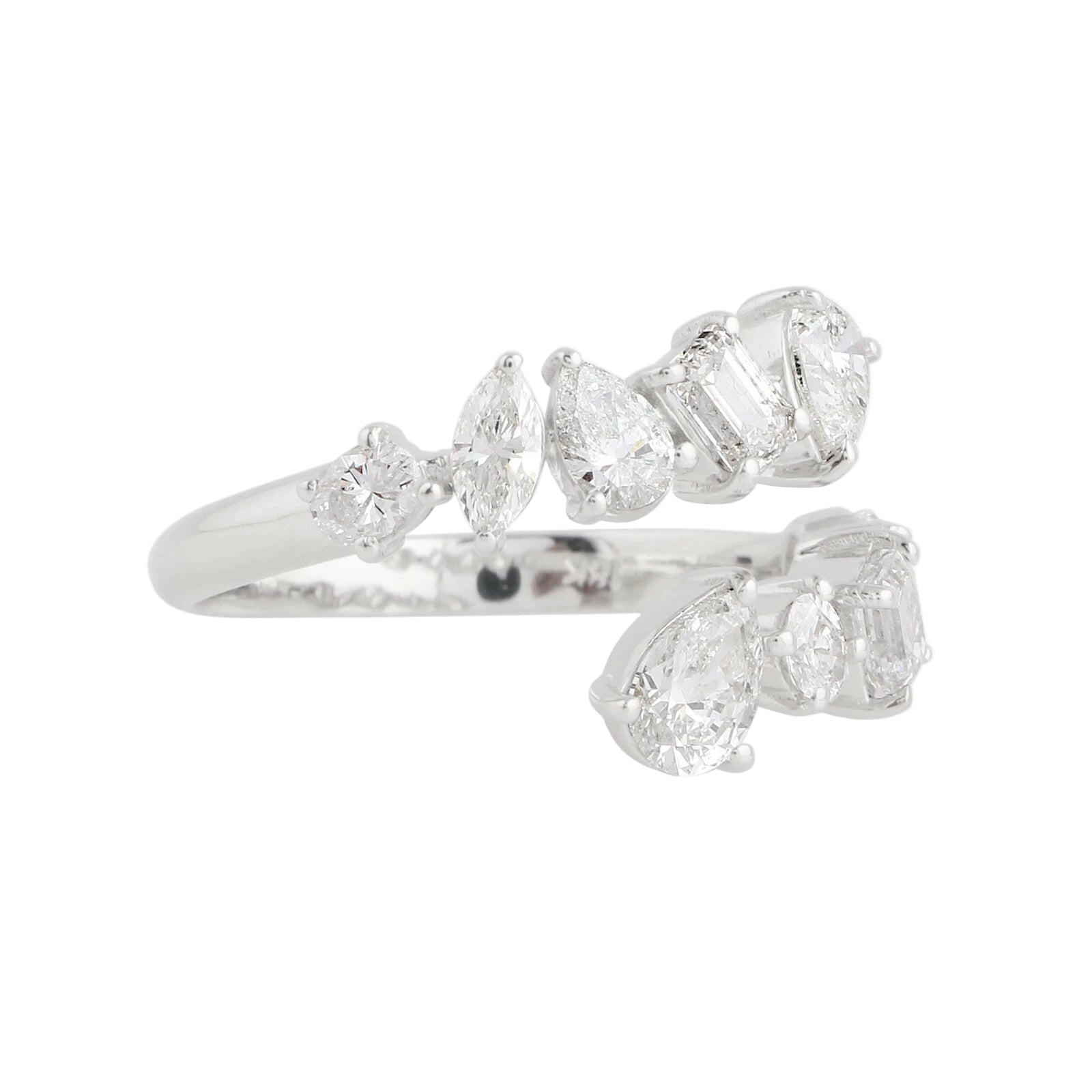 18k Solid White Gold Mixed-Shape Open Cuff Diamond Cocktail Ring 2.23 CTW