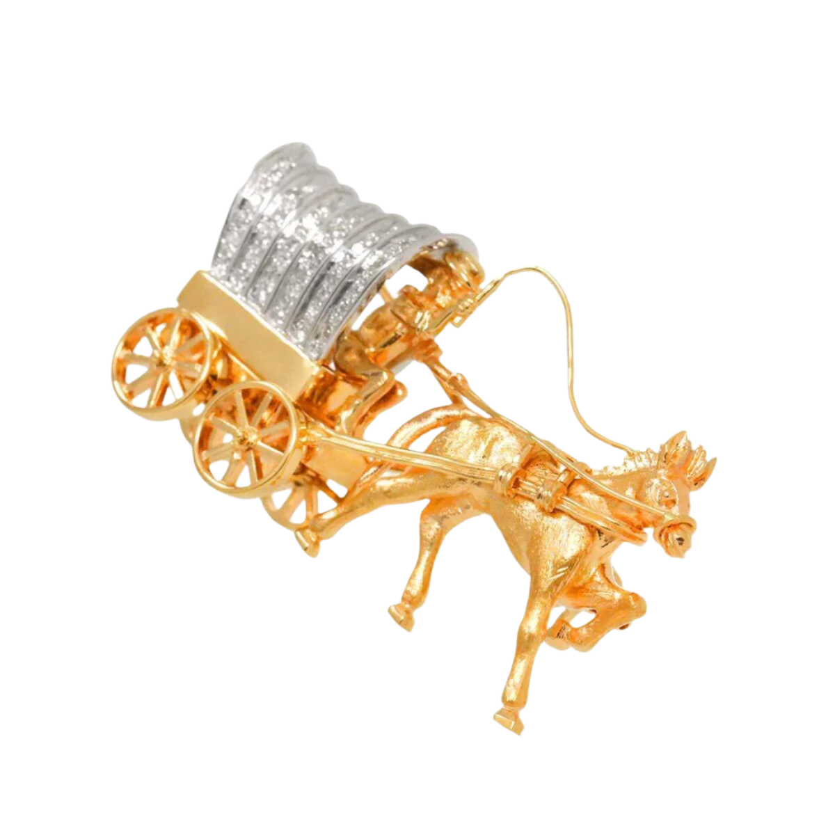 18k Mixed Gold Horse and Carriage Diamond Vintage Brooch