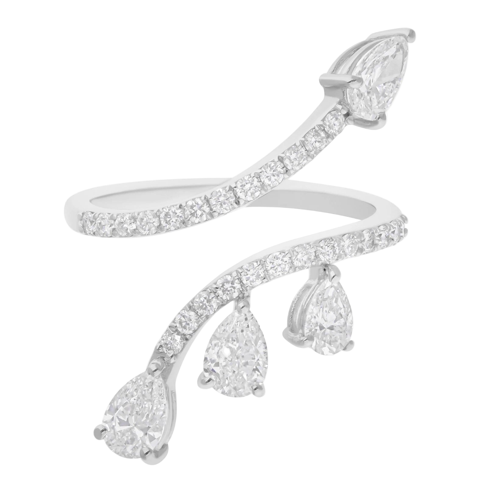 18k Solid White Gold Pear-Shaped Intricate Diamond Cocktail Ring 2.23 CTW