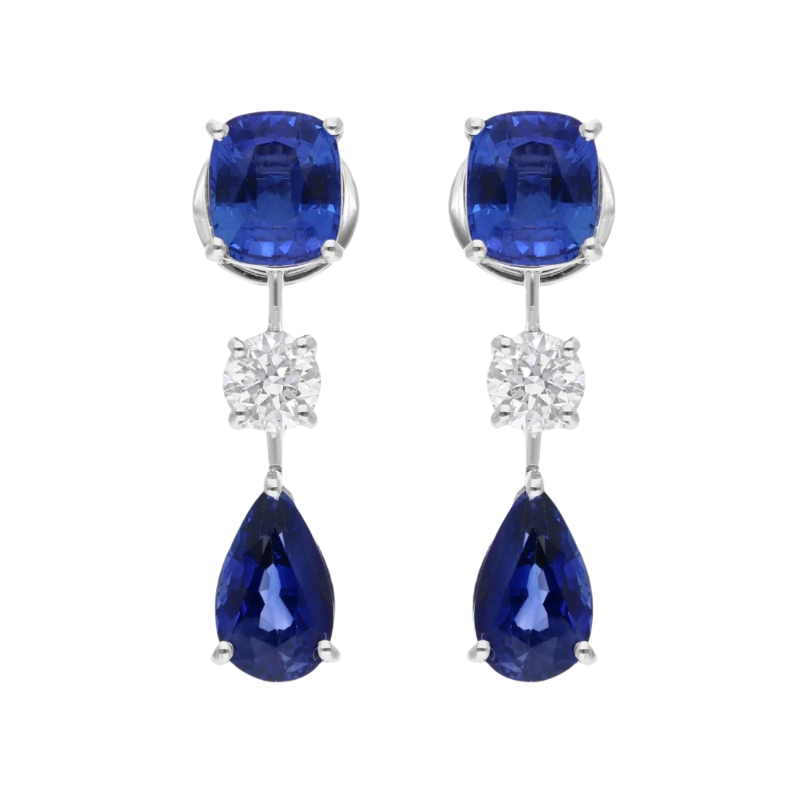 18k Solid White Gold Royal Blue Sapphire and Diamond Earrings 7.10 CTW