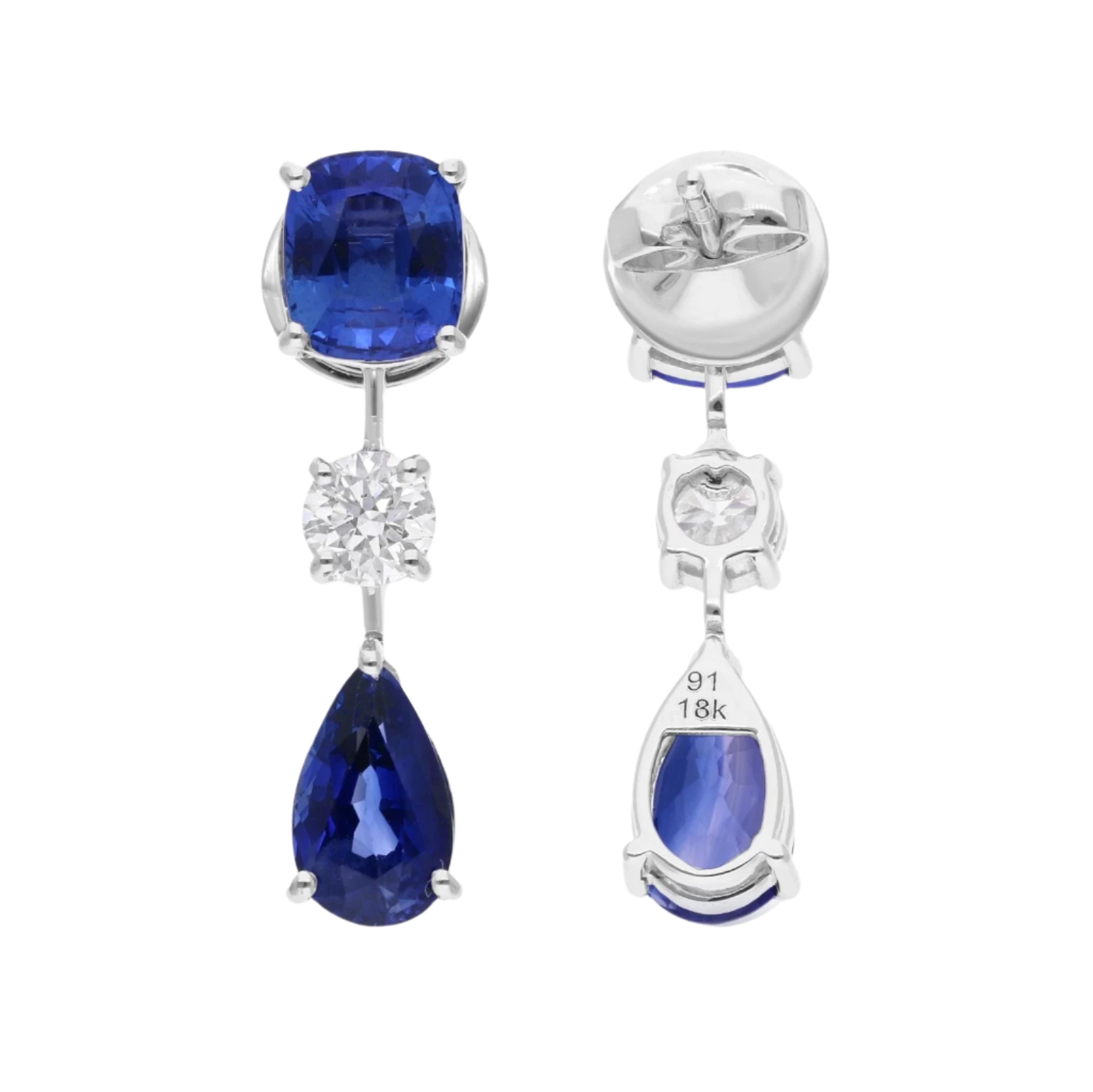 18k Solid White Gold Royal Blue Sapphire and Diamond Earrings 7.10 CTW