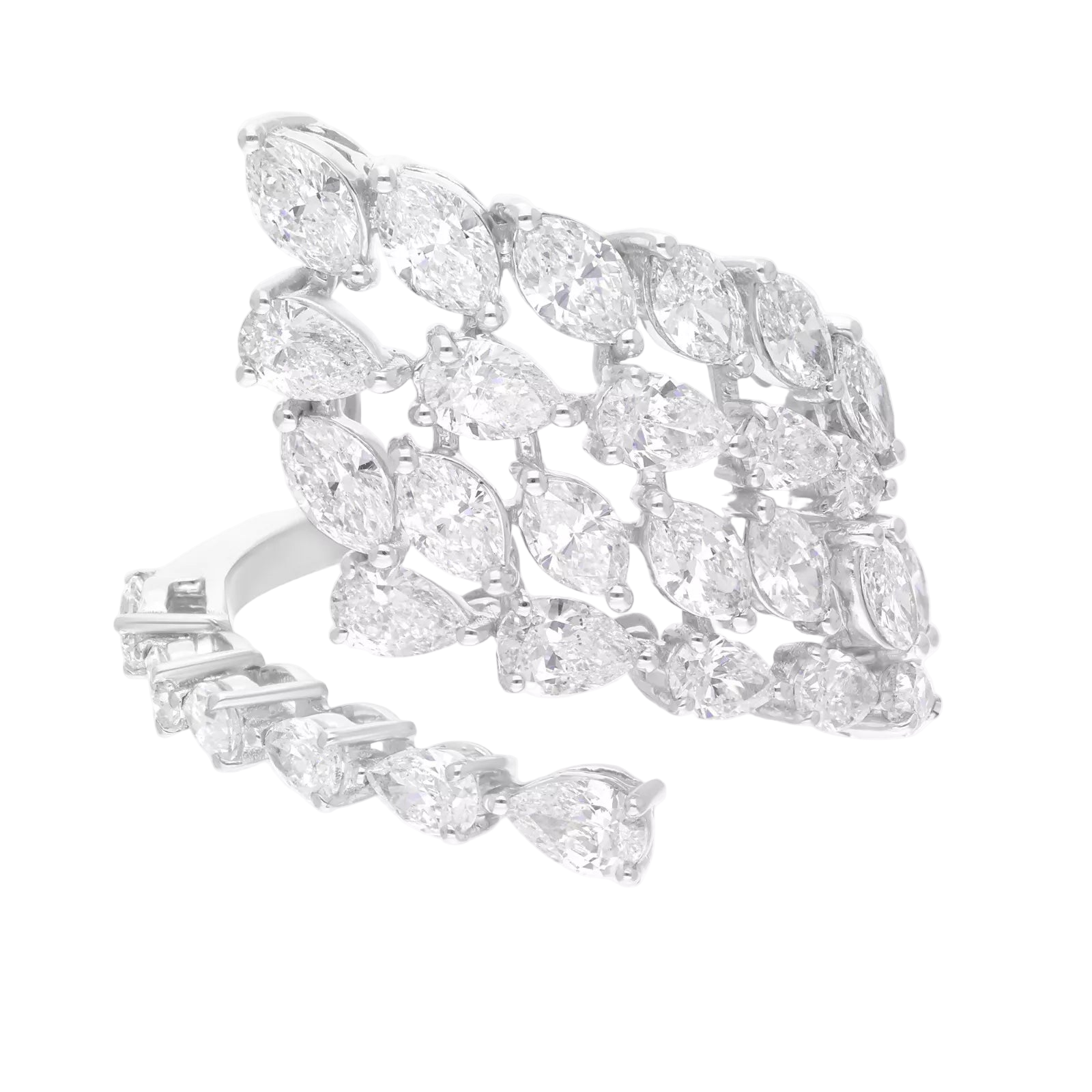 18k Solid White Gold Multi-Shape Open Cuff Diamond Cocktail Ring 5.22 CTW