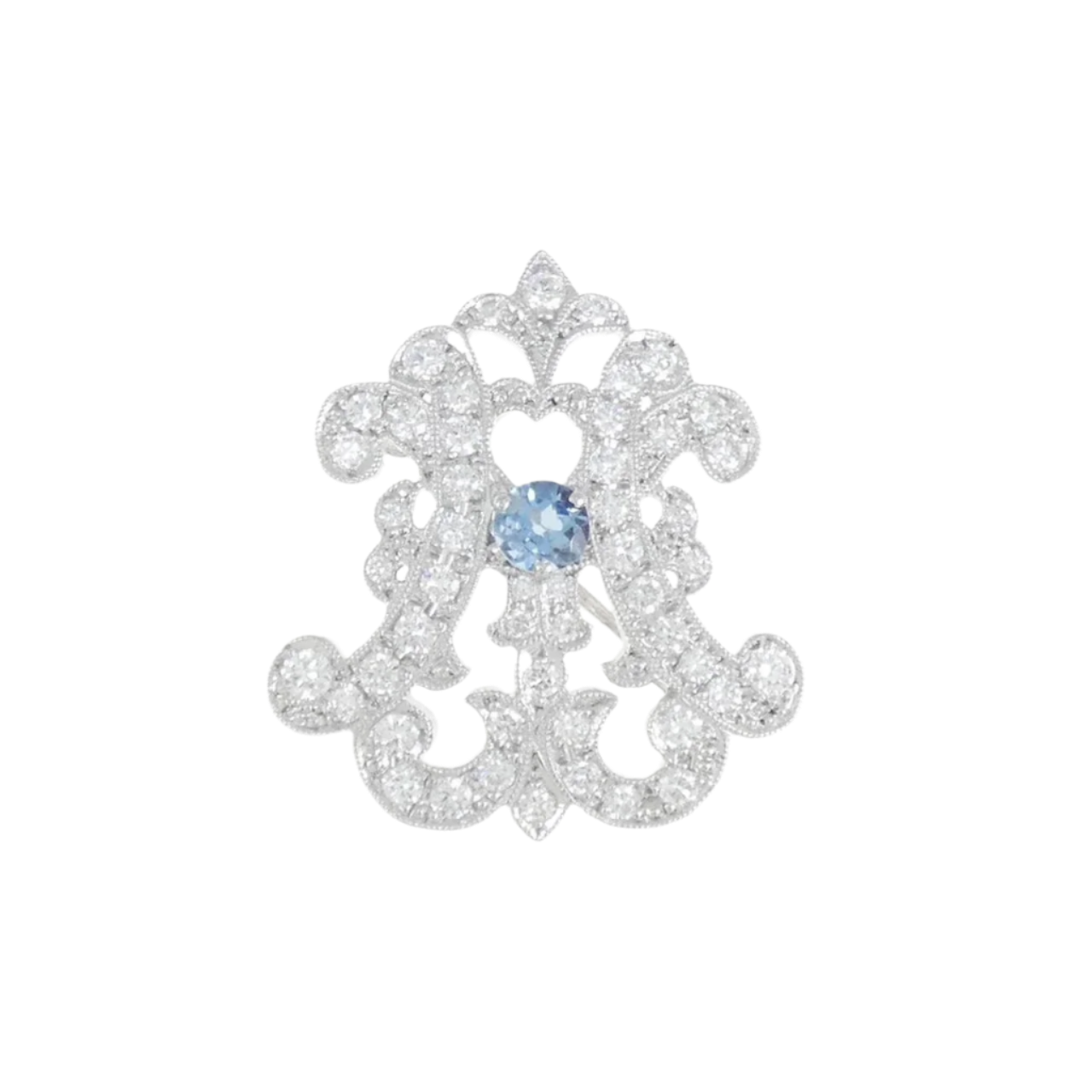 18k Solid White Gold Vintage Aquamarine and Diamond Brooch