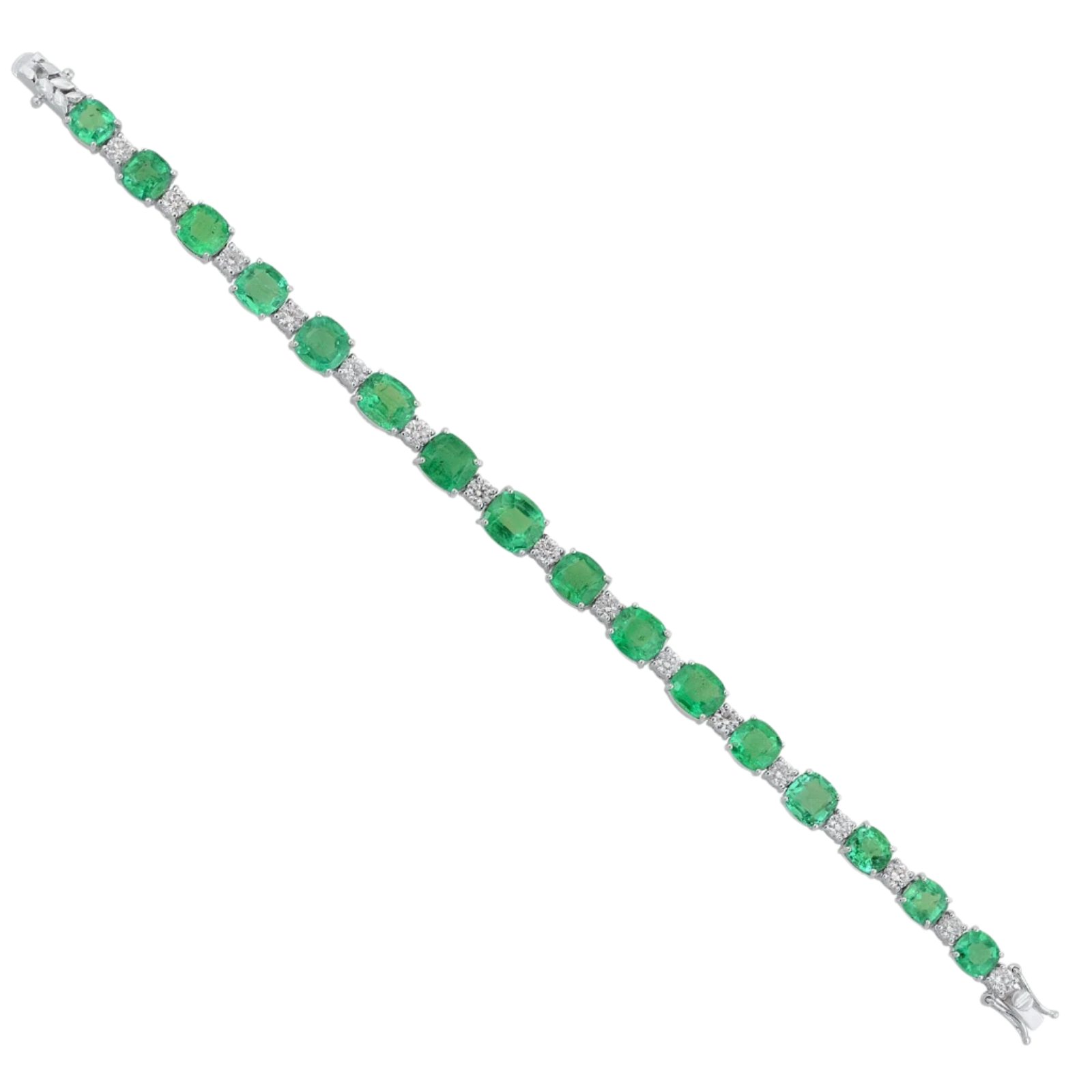18k Solid White Gold Oval Zambian Emerald and  Round Diamond Tennis Bracelet 19.75 CTW