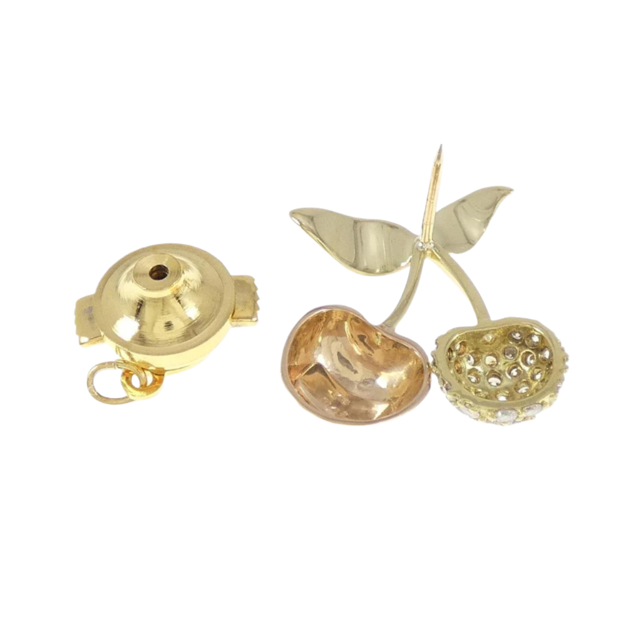 18k Solid Gold Vintage Cherry Pin Brooch with Diamonds