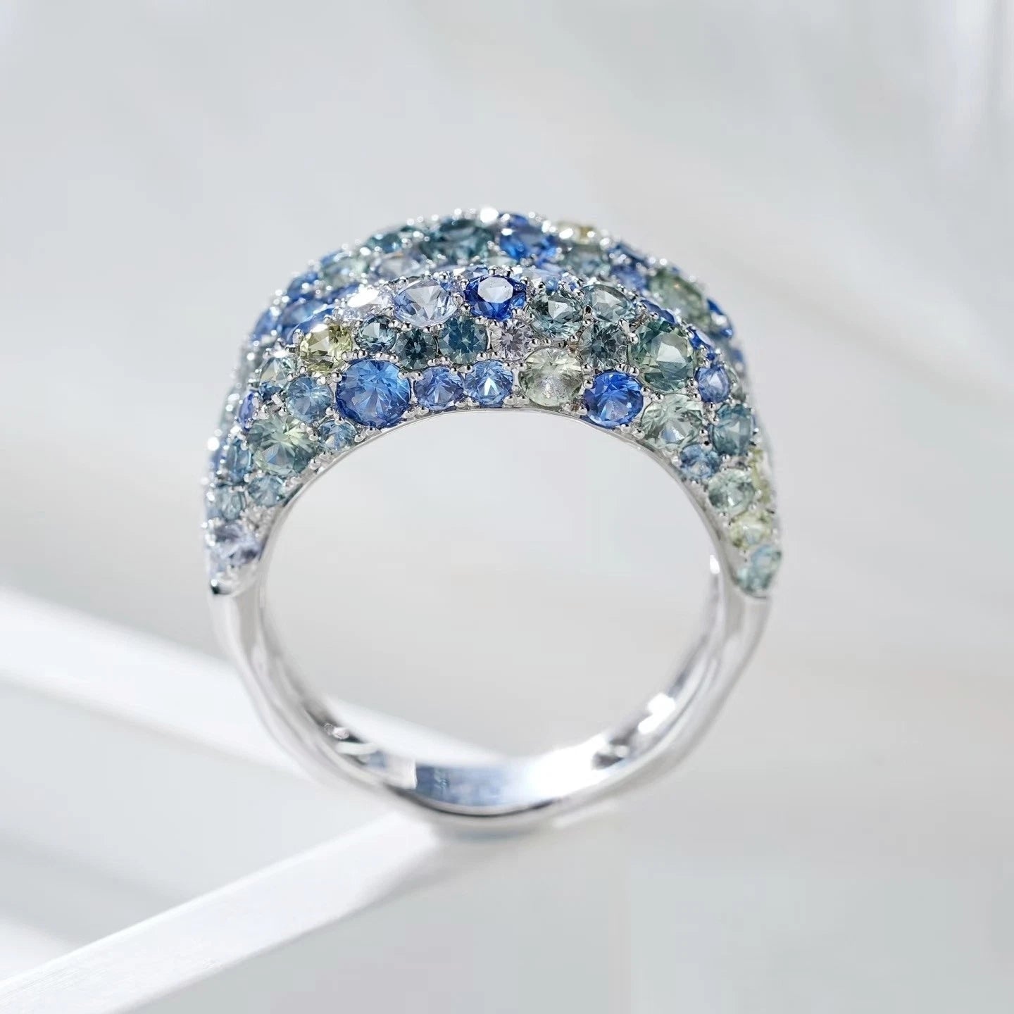 18k White Gold Crushed Ice Pastel Blue Sapphire Ring 6.33 CTW