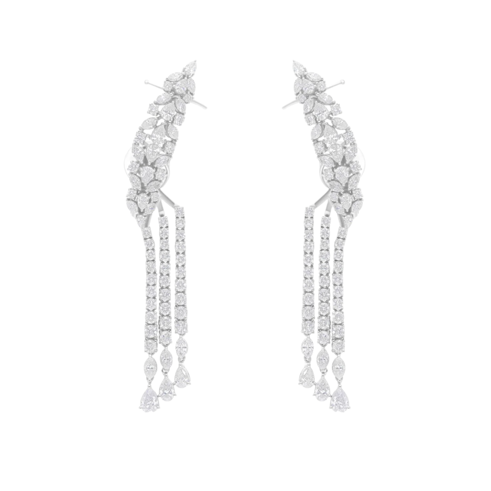 18k Solid White Gold Cascading Diamond Cocktail Earrings 6.90 CTW