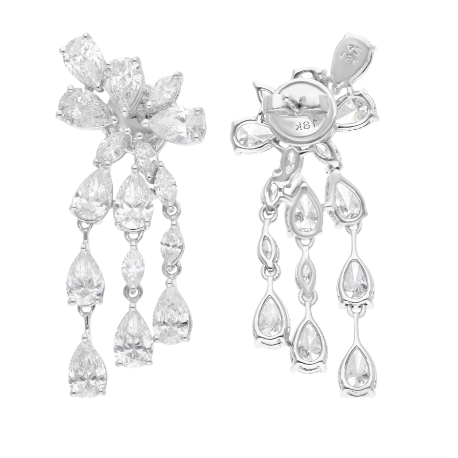 18k Solid White Gold Cascading Pear-Shaped Diamond Drop Earrings 7.80 CTW