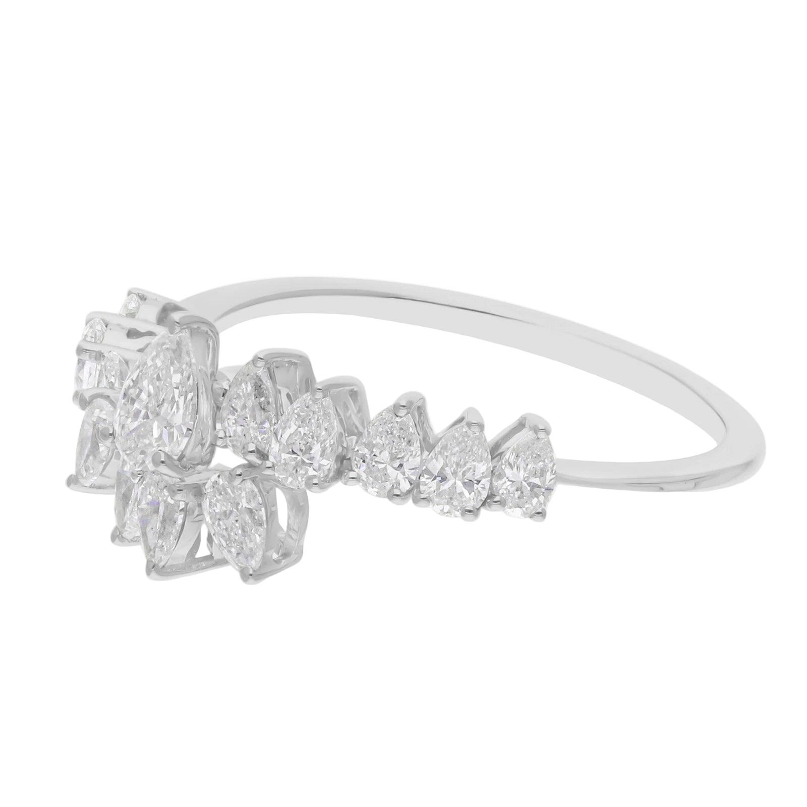 18k Solid White Gold Pear-Shaped Bypass Diamond Cocktail Ring 2,77 CTW
