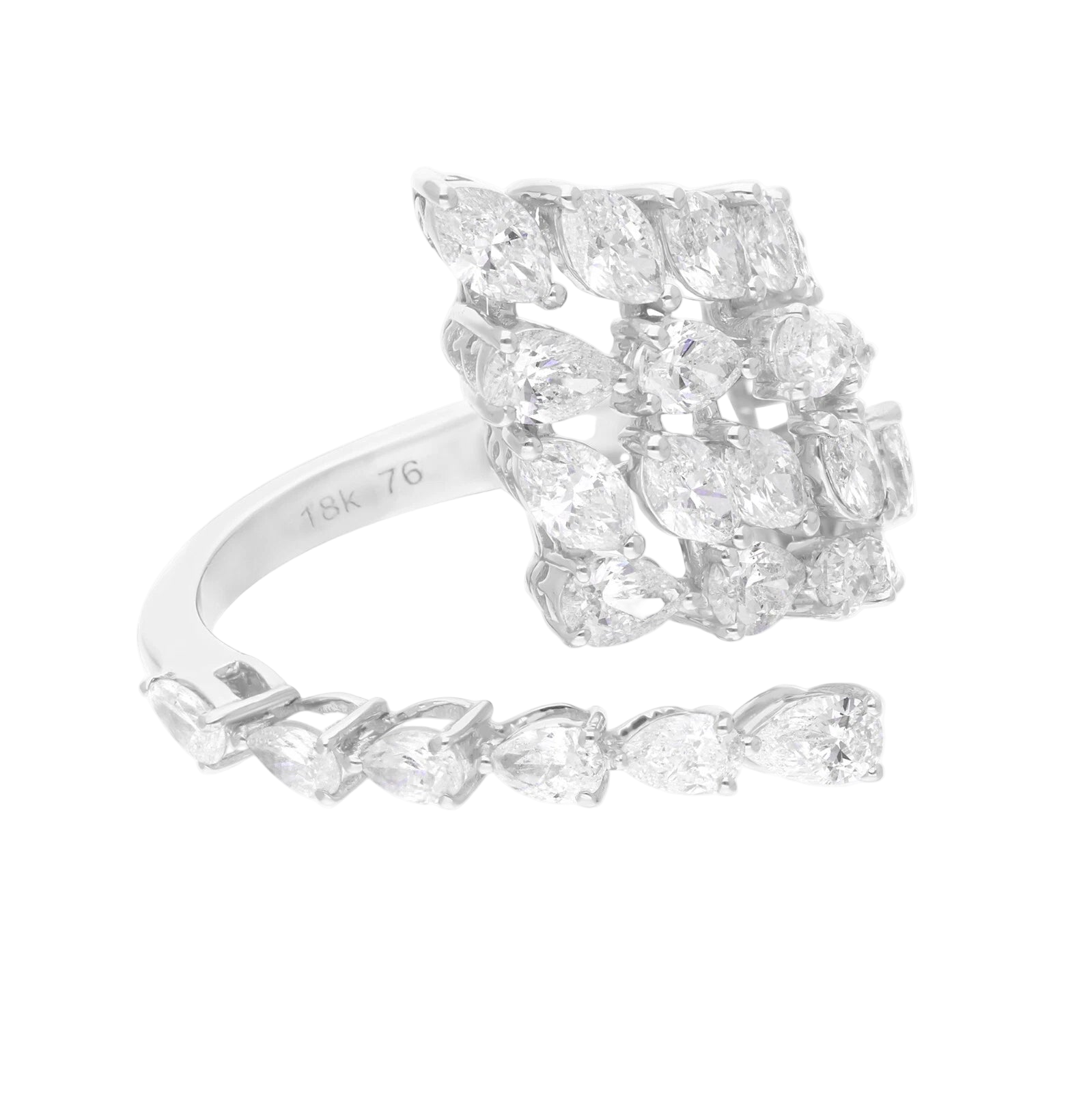 18k Solid White Gold Multi-Shape Open Cuff Diamond Cocktail Ring 5.22 CTW