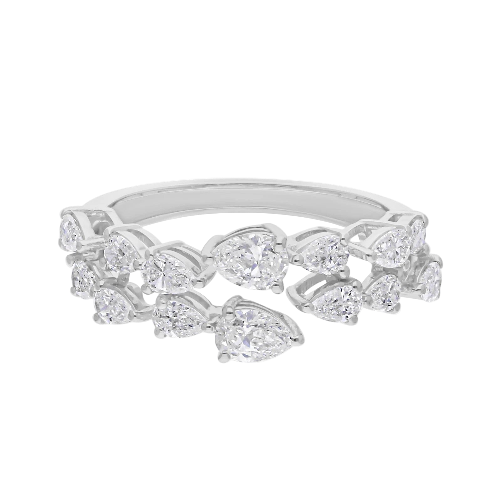 18k Solid White Gold Pear-Shaped Bypass Diamond Cocktail Ring 2.55 CTW