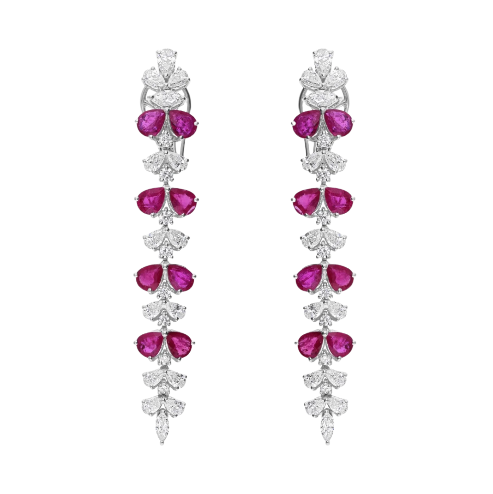 18k Solid White Gold Burmese Ruby and Diamond Drop Cocktail Earrings 6.55 CTW