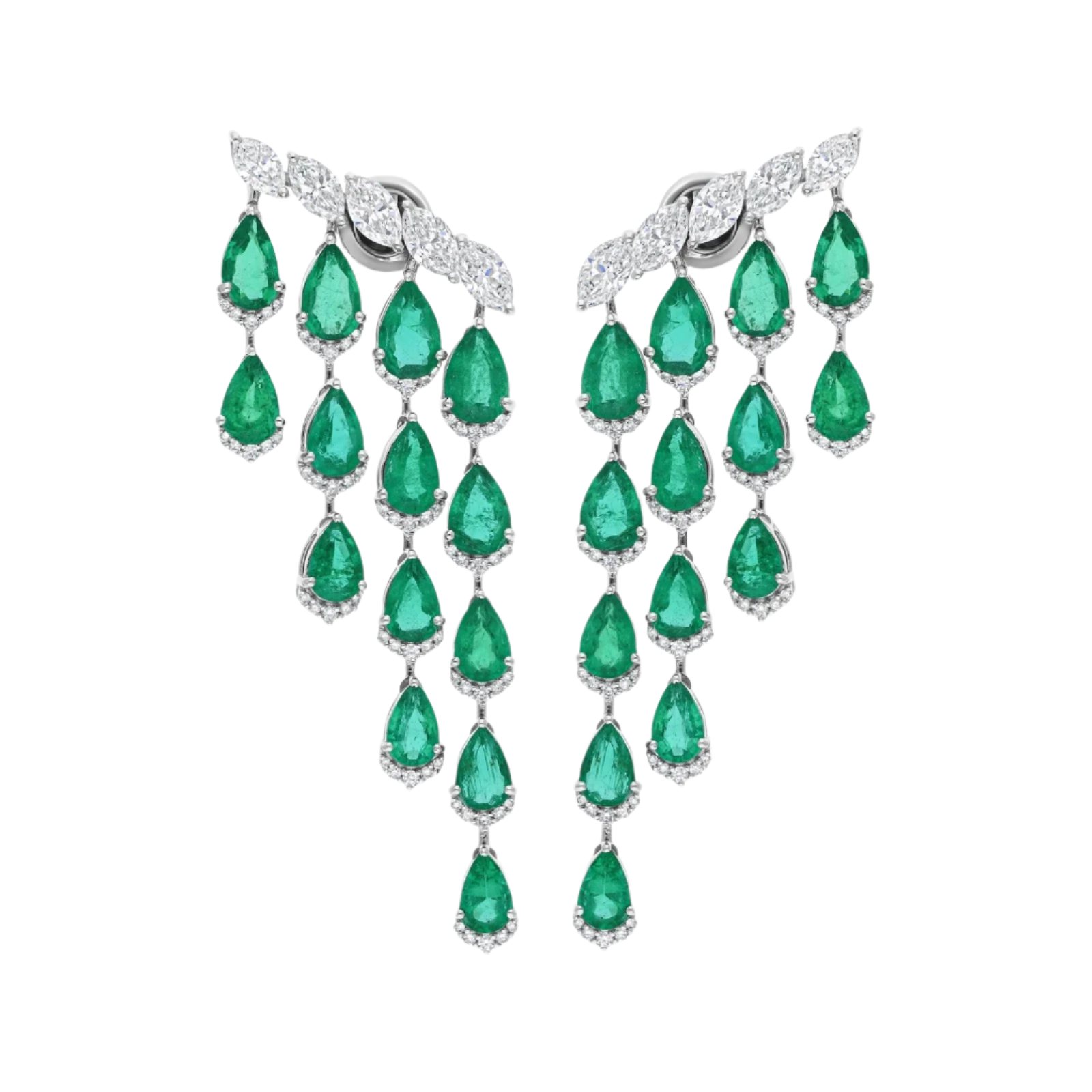 18k Solid White Gold Zambian Emerald and Diamond Decorated Cocktail Earrings 12.44 CTW