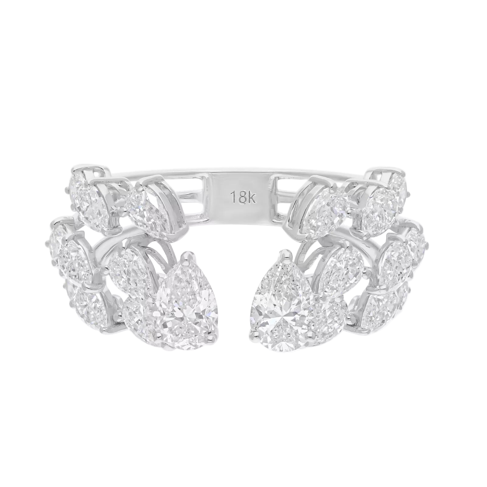 18k Solid White Gold Pear-Shaped Open Cuff Cocktail Ring 3.25 CTW
