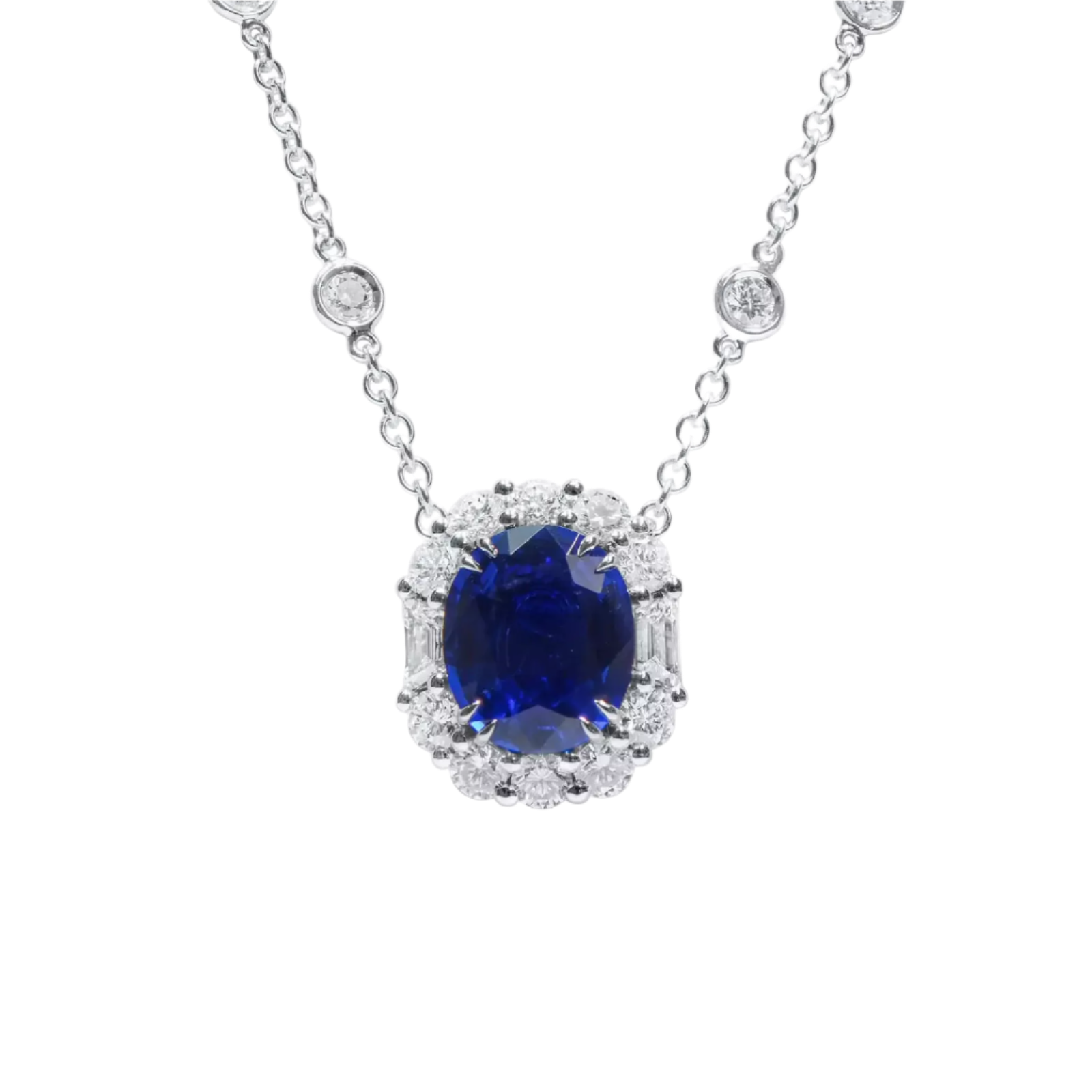 18k Solid White Gold Royal Blue Sapphire and Diamond Pendant 4.55 CTW