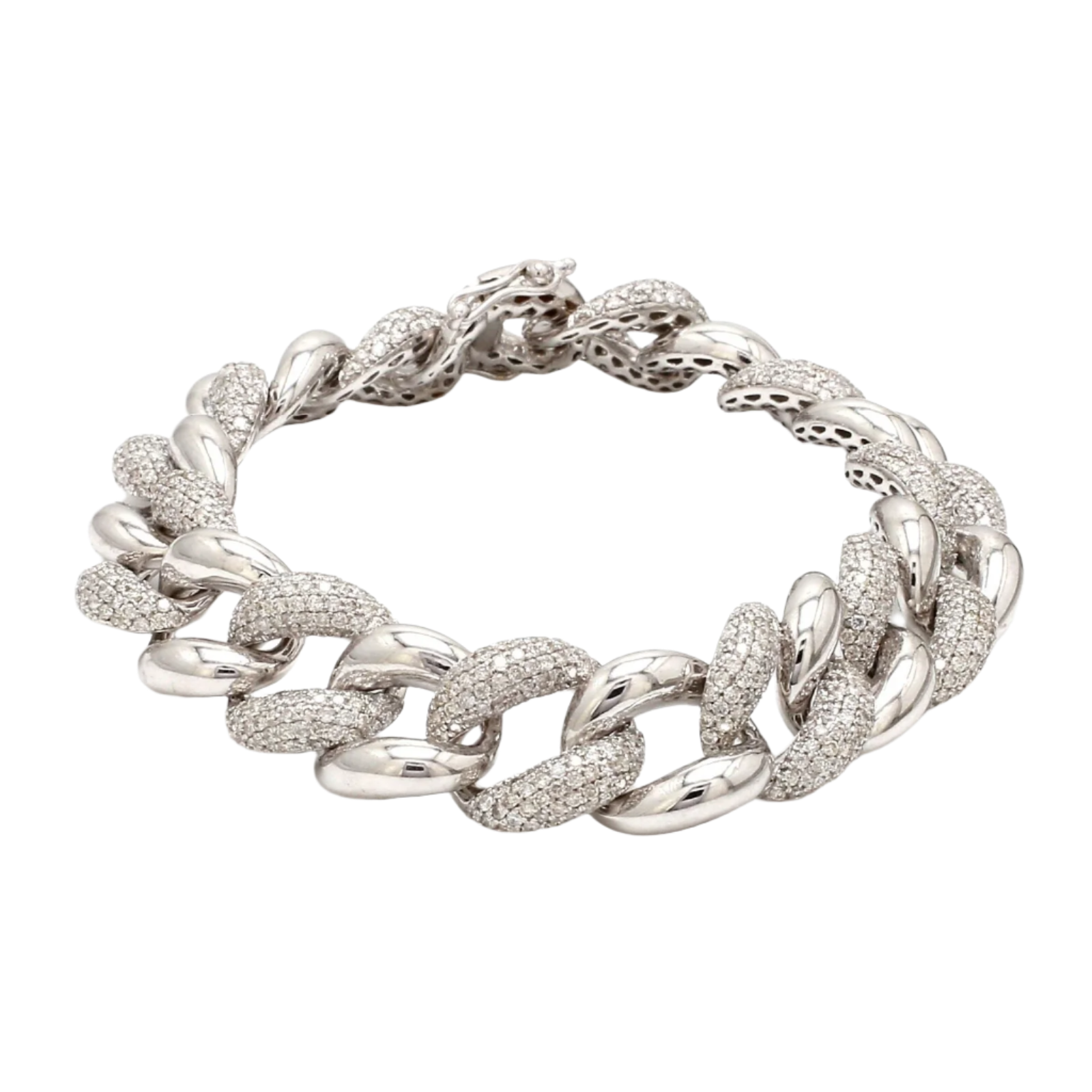 18k Solid White Gold Cuban Chain Link Bracelet with Diamonds 5.90 CTW