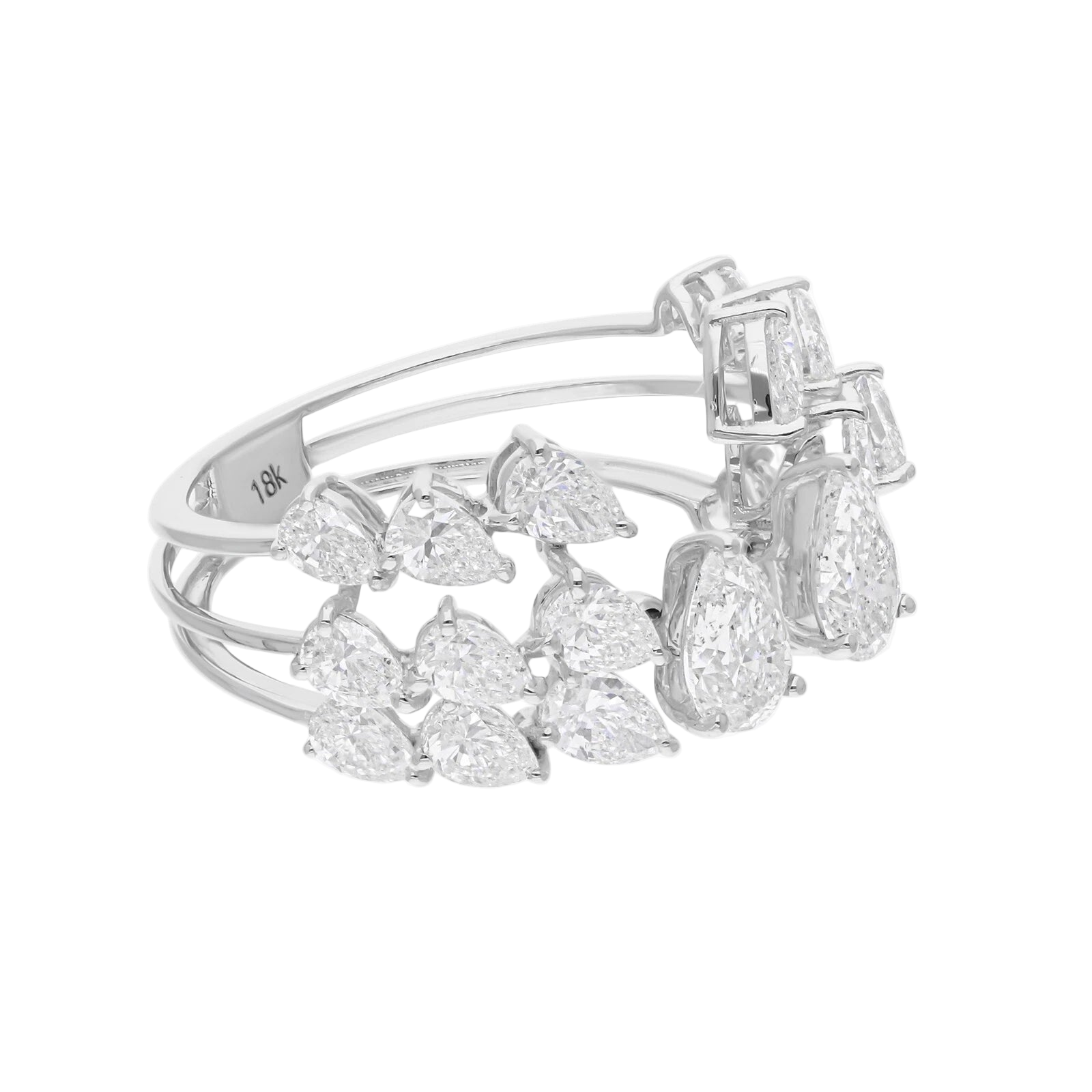 18k Solid White Gold Pear-Shaped Open Cuff Cocktail Ring 3.25 CTW