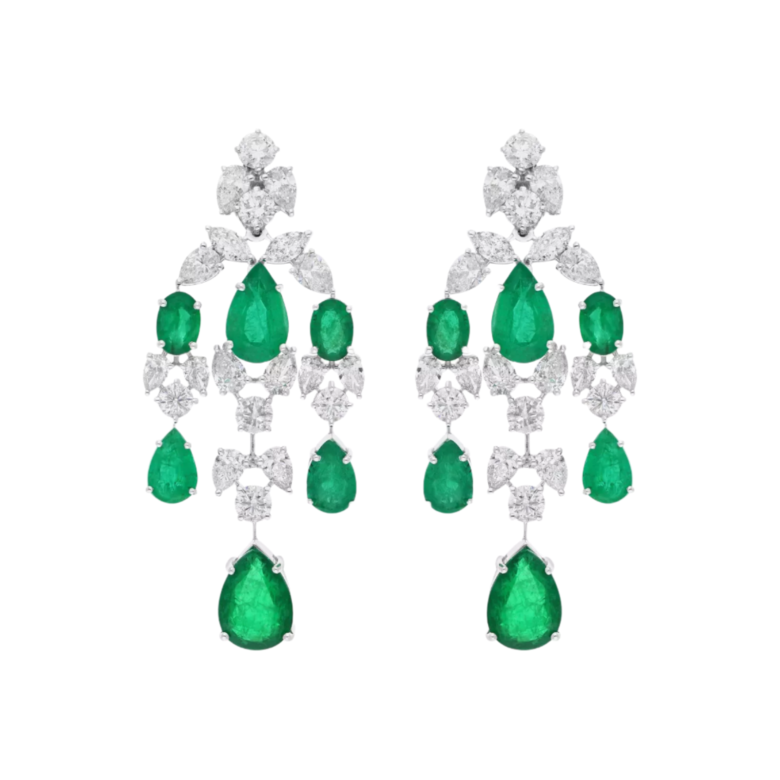 18k Solid White Gold Zambian Emerald and Diamond Cocktail Drop Earrings 15.55 CTW