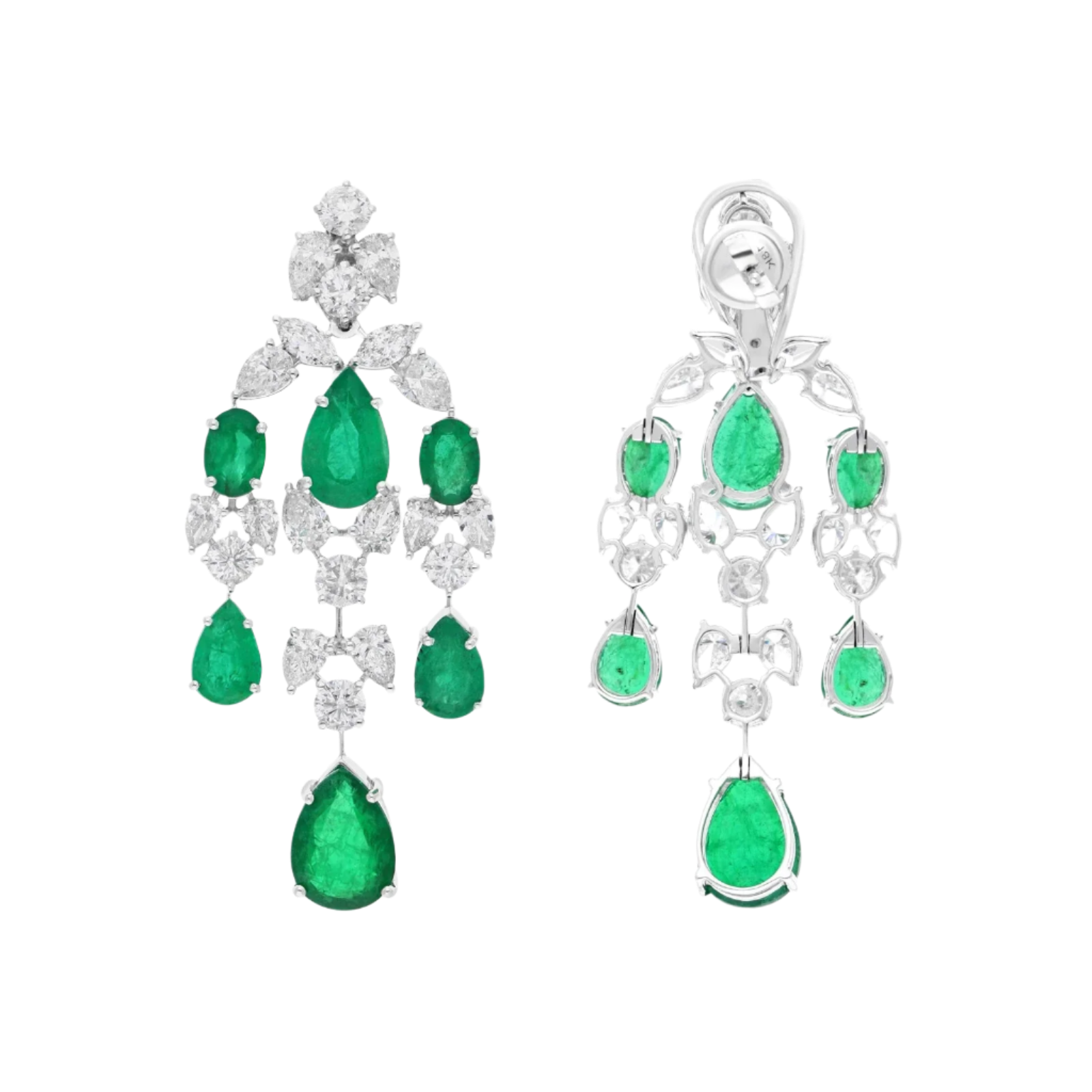 18k Solid White Gold Zambian Emerald and Diamond Cocktail Drop Earrings 15.55 CTW
