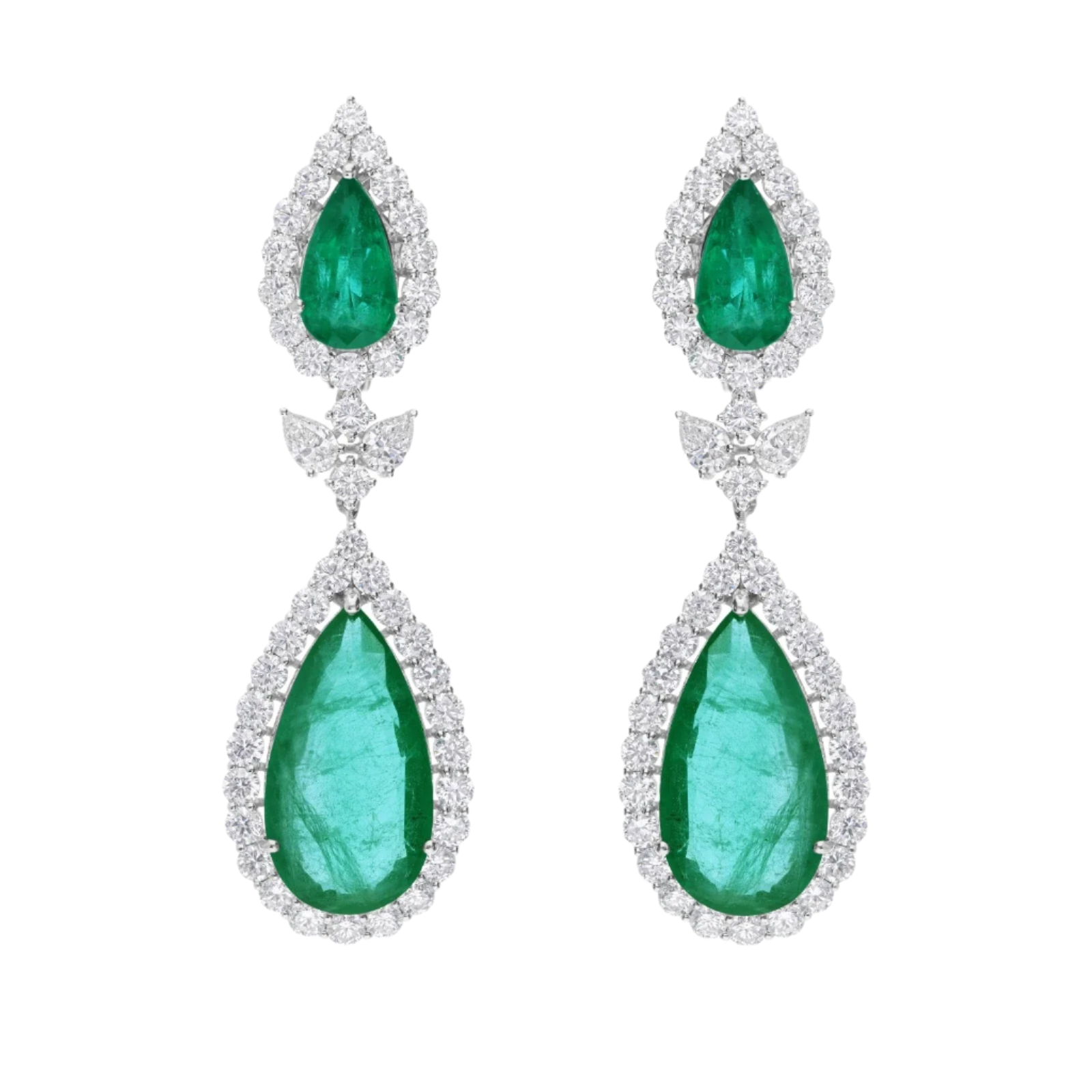 18k Solid White Gold Zambian Emerald and Diamond Cocktail Earrings 12.55 CTW