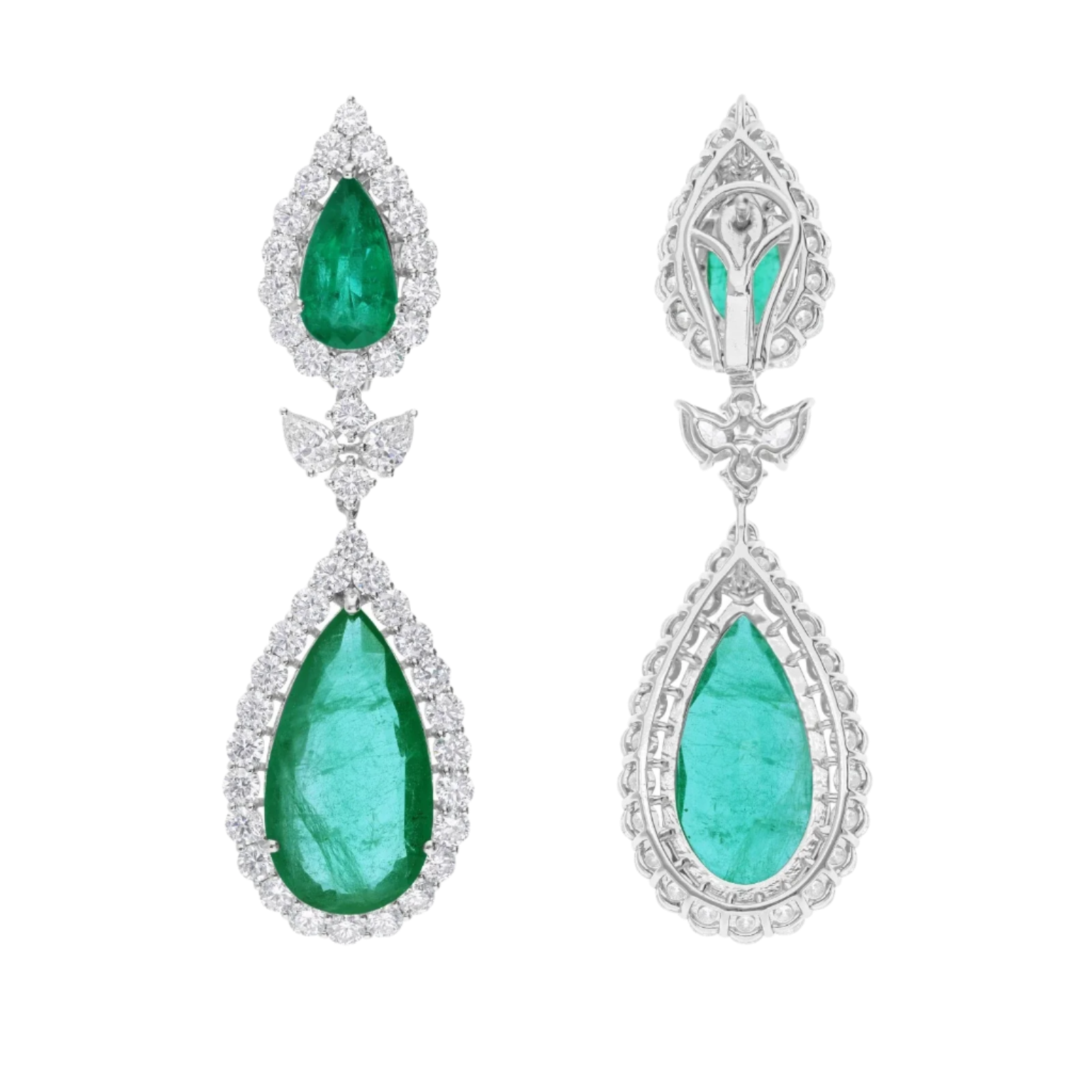 18k Solid White Gold Zambian Emerald and Diamond Cocktail Earrings 12.55 CTW
