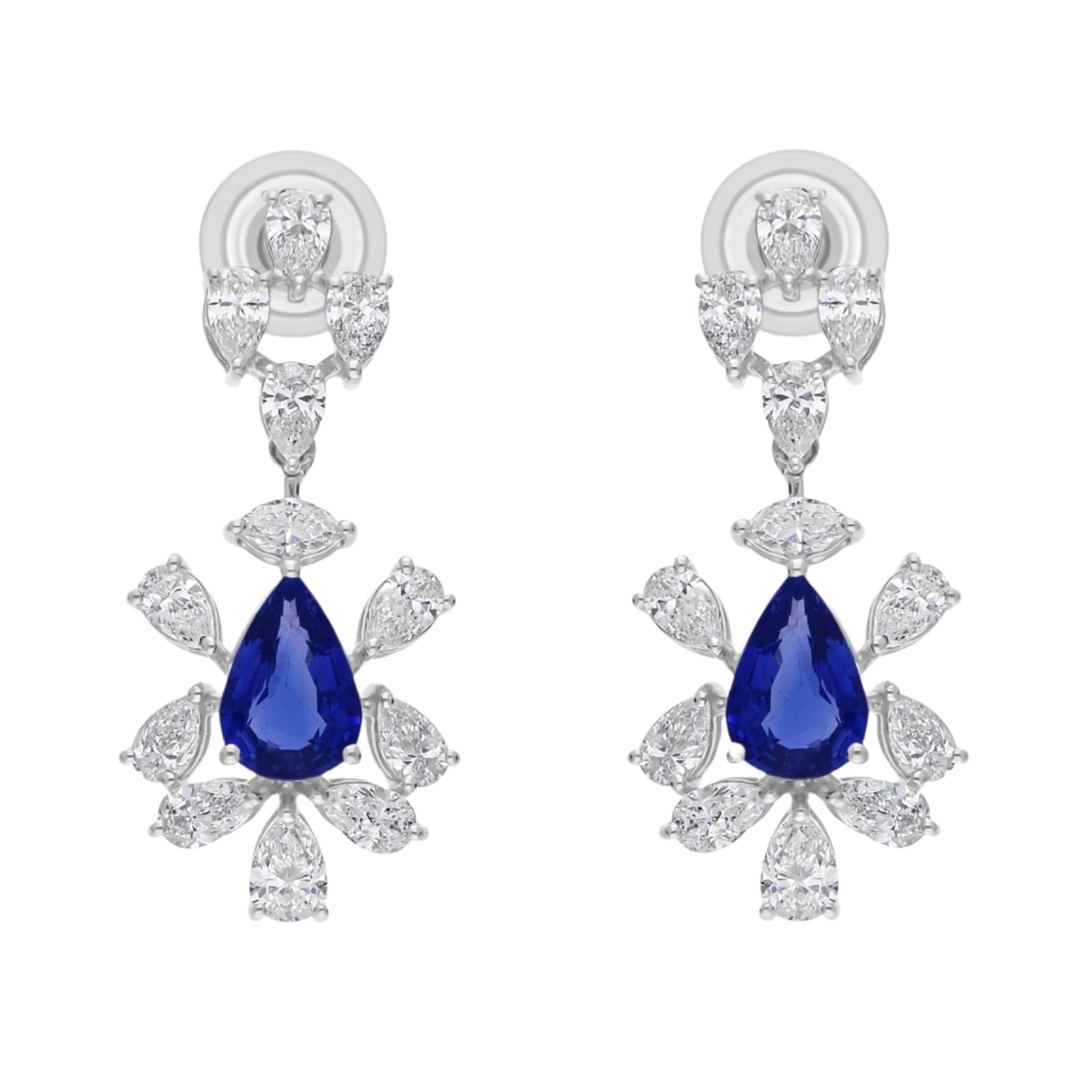 18k Solid White Gold Royal Blue Sapphires and Diamond Drop Earrings 5.65 CTW