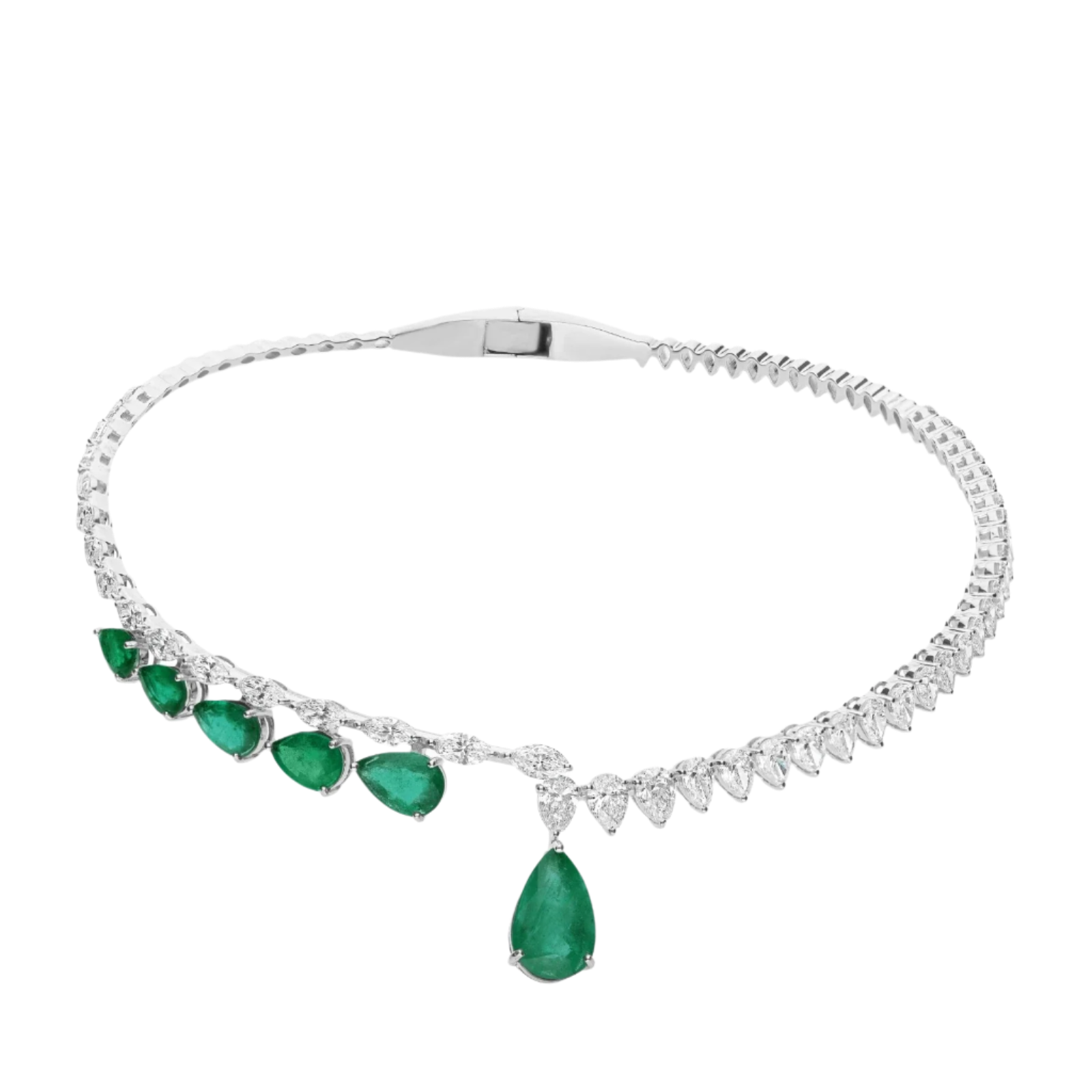 18k Solid White Gold Zambian Emerald and Diamond Statement Choker Necklace 37.55 CTW