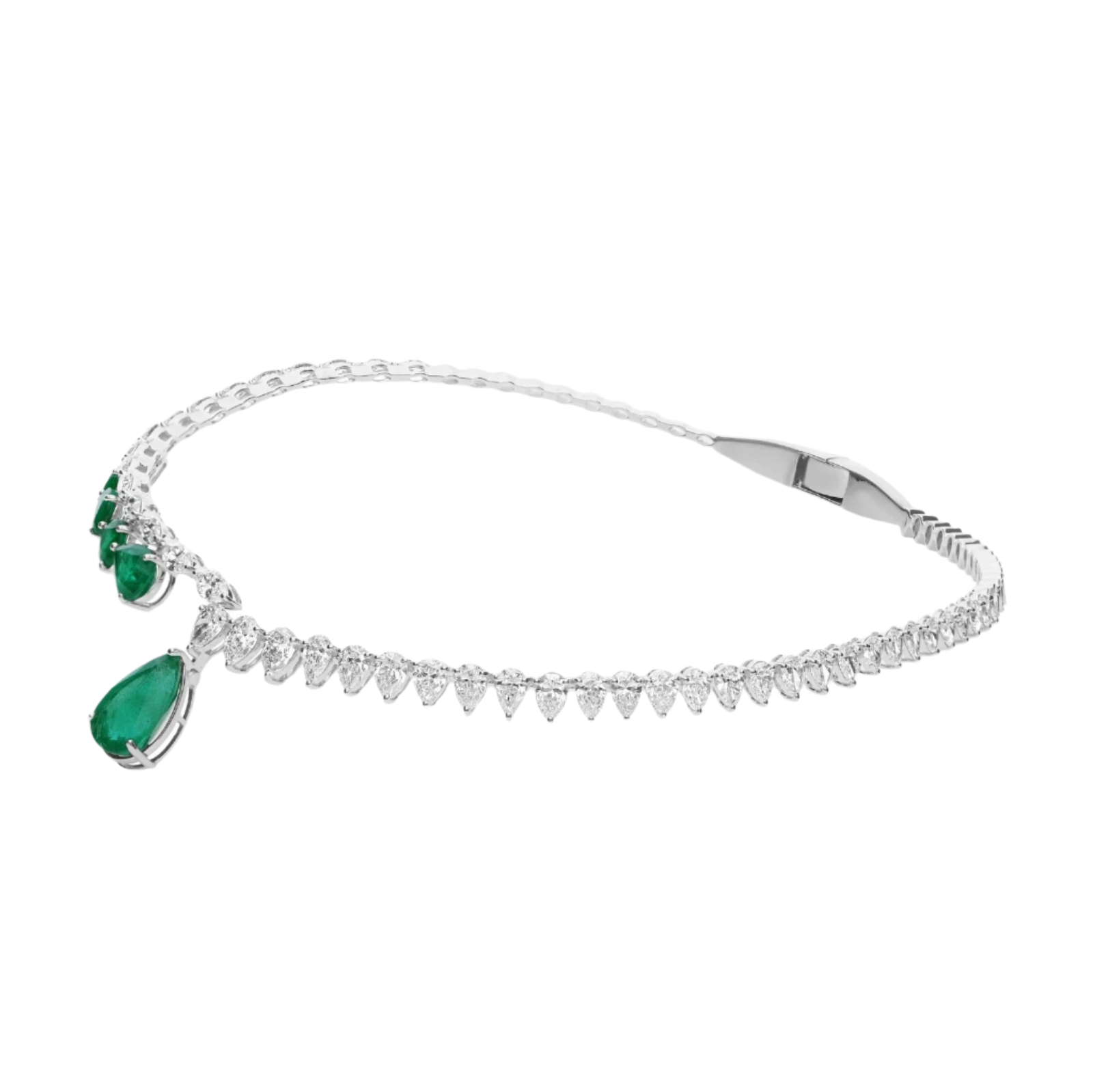 18k Solid White Gold Zambian Emerald and Diamond Statement Choker Necklace 37.55 CTW