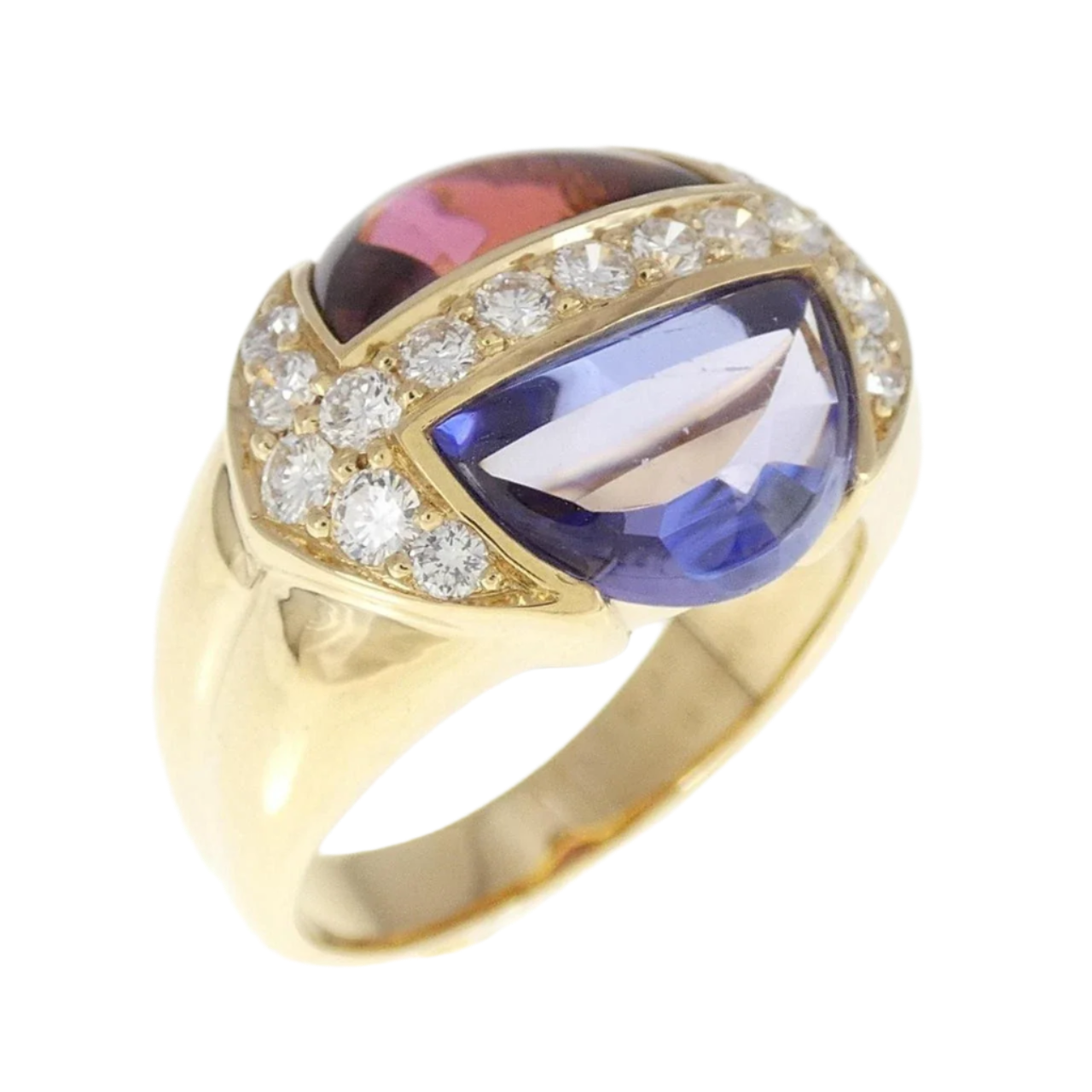 18k Solid Yellow Gold Tanzanite and Tourmaline Ring with Diamonds