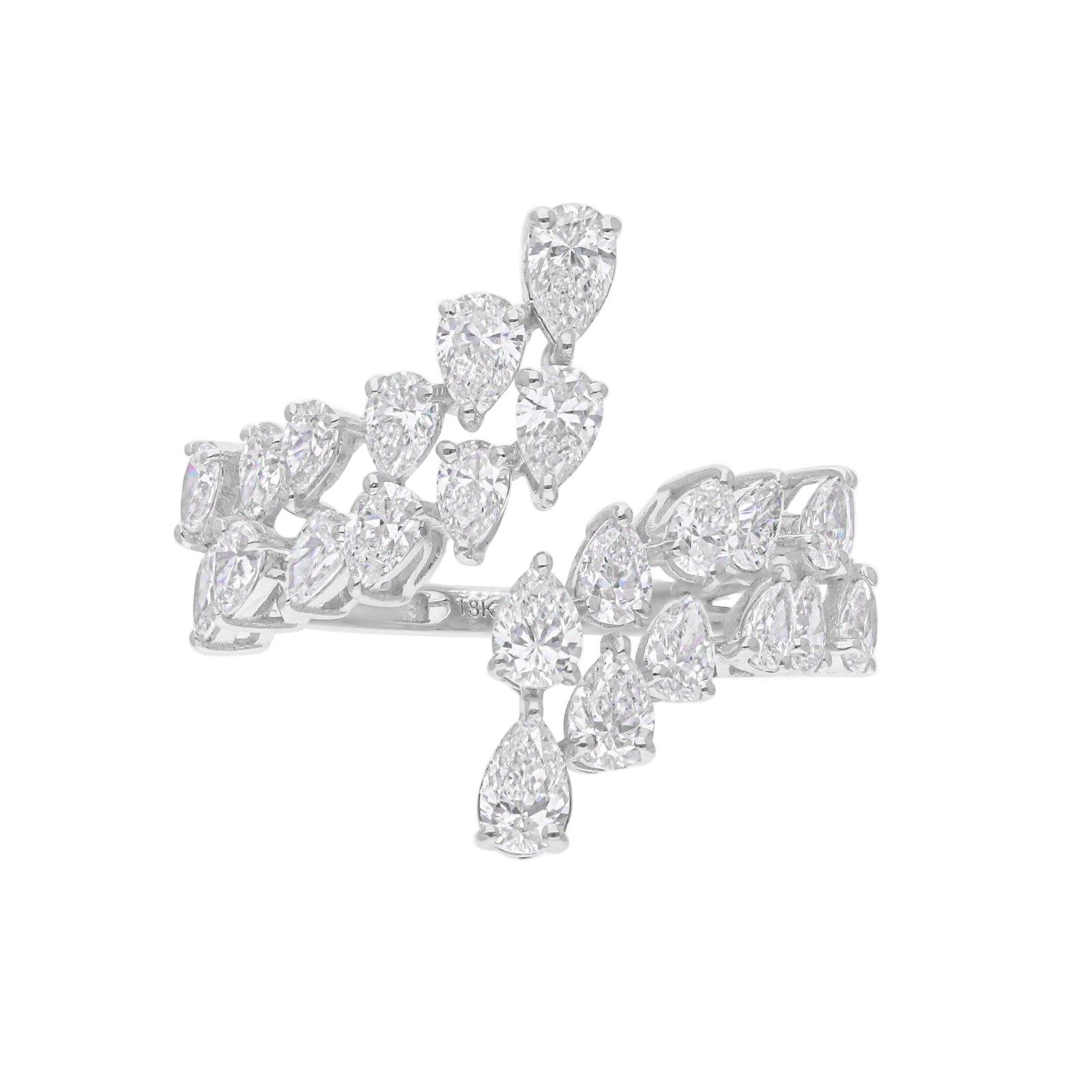 18k Solid White Gold Pear-Shaped Open Cuff Diamond Cocktail Ring 3.25 CTW