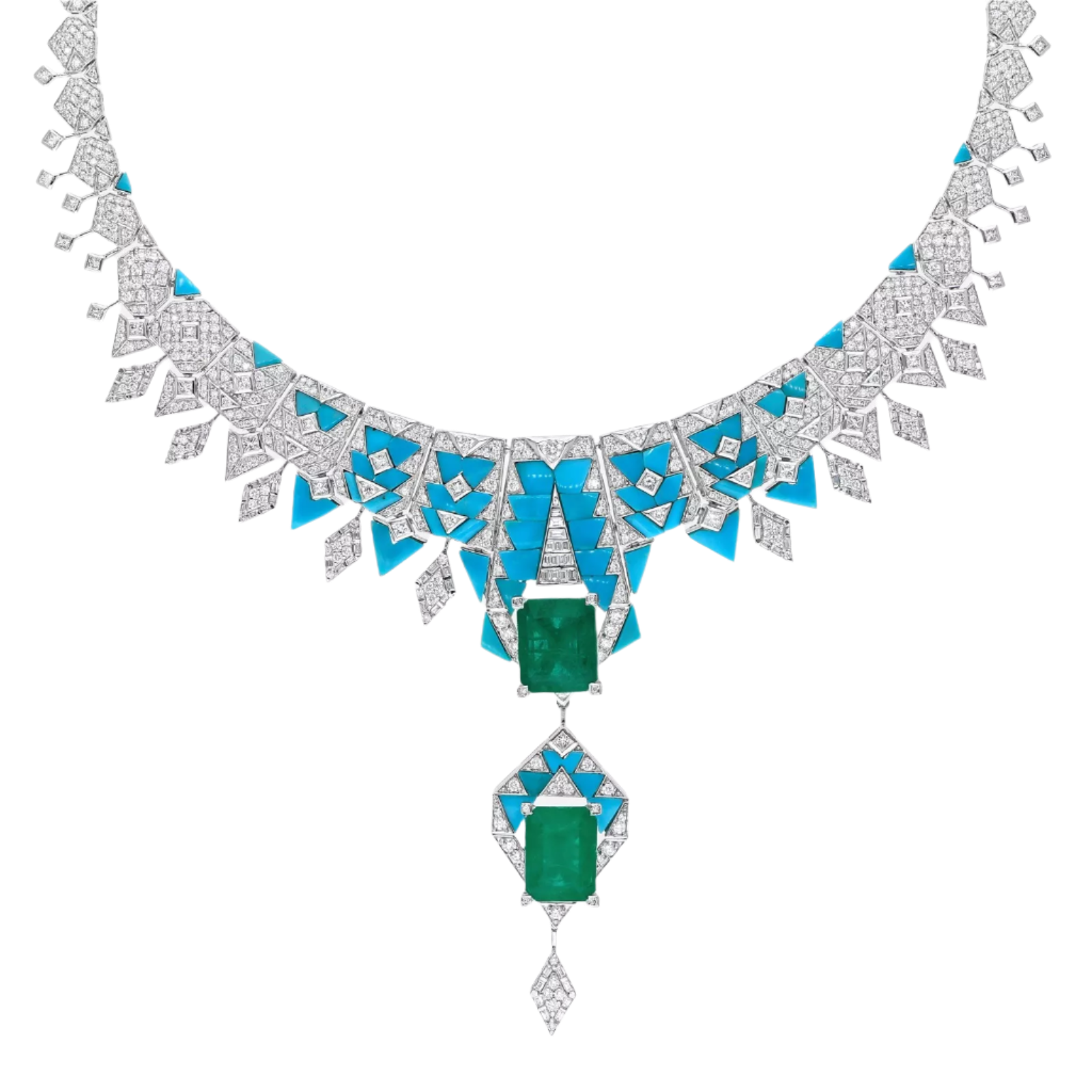 18K White gold Zambian Emerald, Turquoise and Diamond Lariat Necklace 14.95 CTW