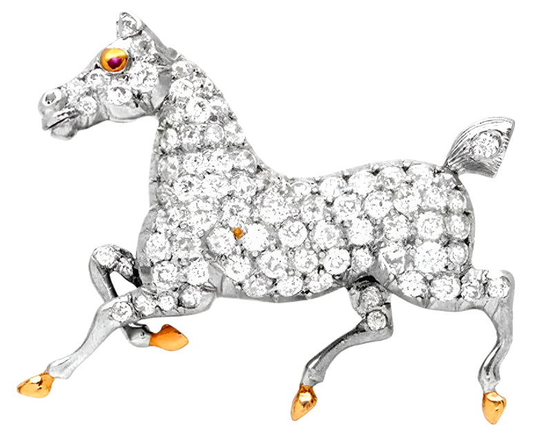18k Solid Gold Equestrian Diamond Horse Brooch 1.66 CTW