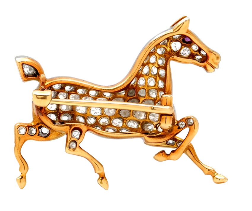 18k Solid Gold Equestrian Diamond Horse Brooch 1.66 CTW