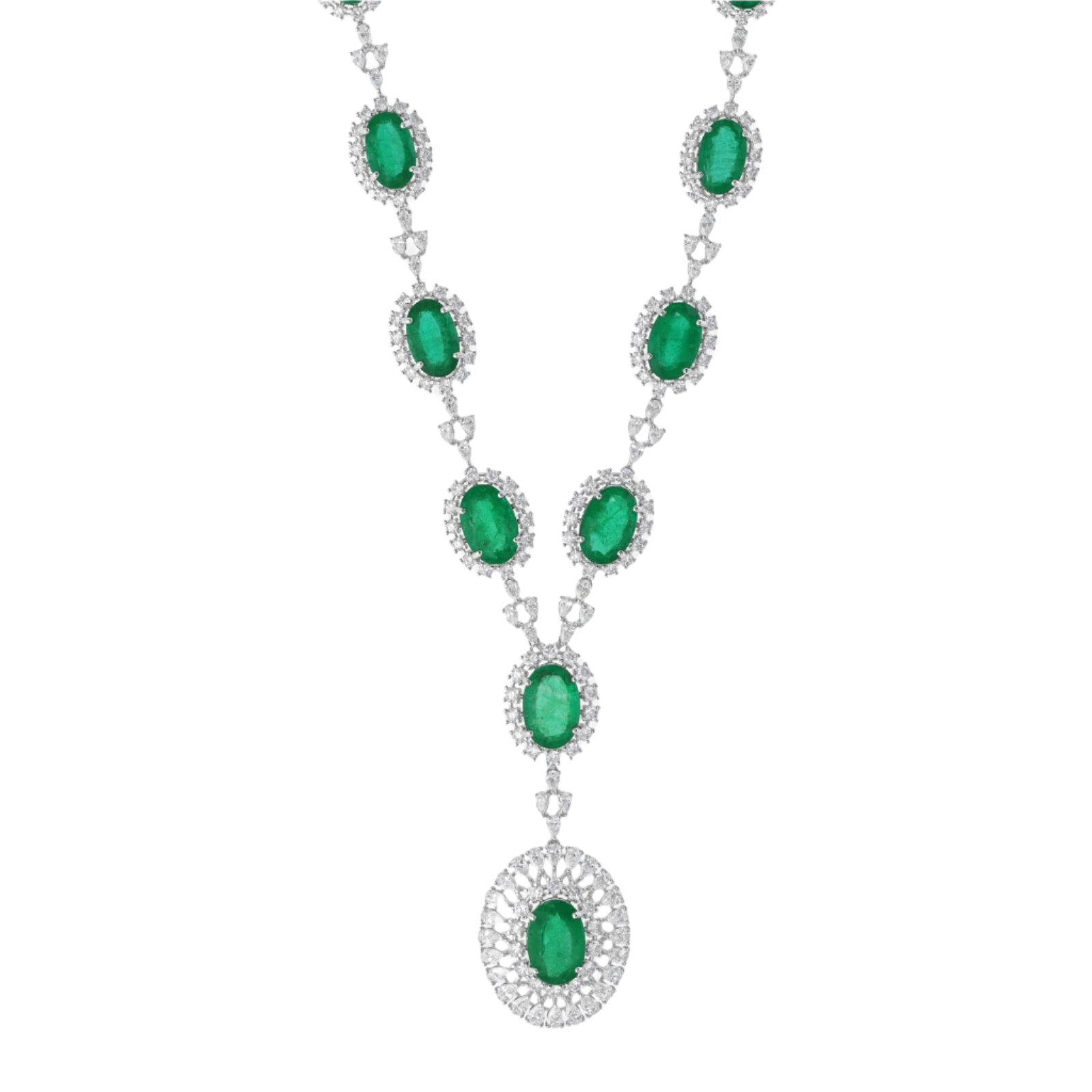 18k Solid White Gold Decorated Diamond and Colombian Emerald Necklace 55.40 CTW