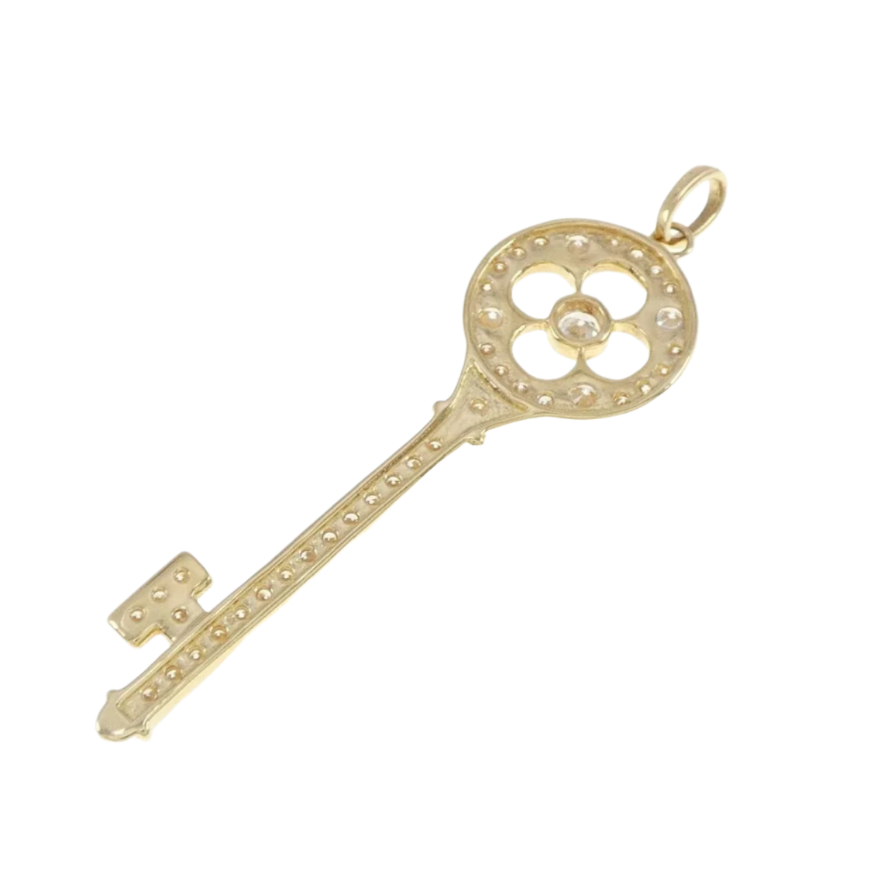 18k Yellow Gold Key and Flower Diamond Pendant 0.75 CTW