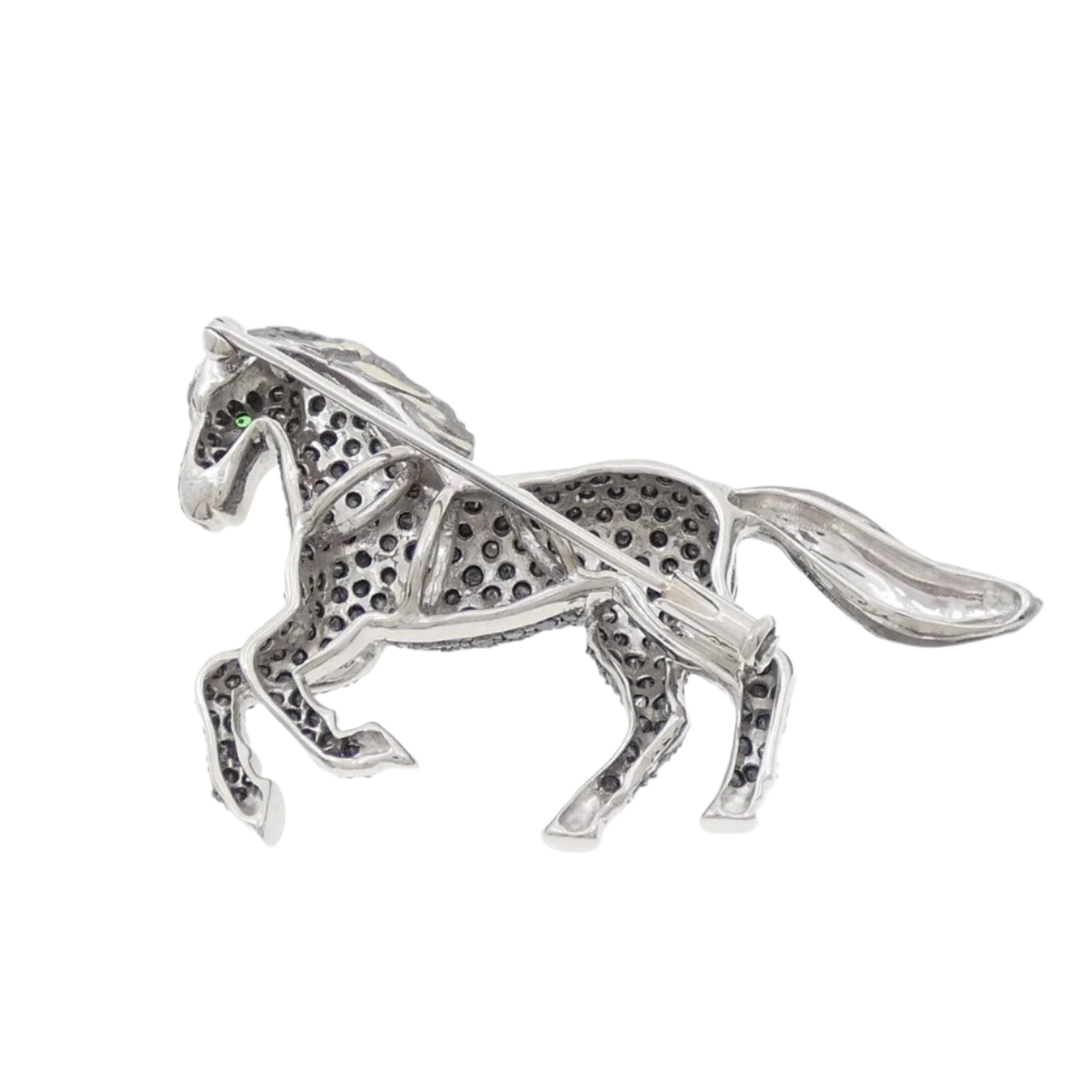 18k Solid White Gold Equestrian Horse Brooch with Black Diamonds and Garnet 3.75 CTW