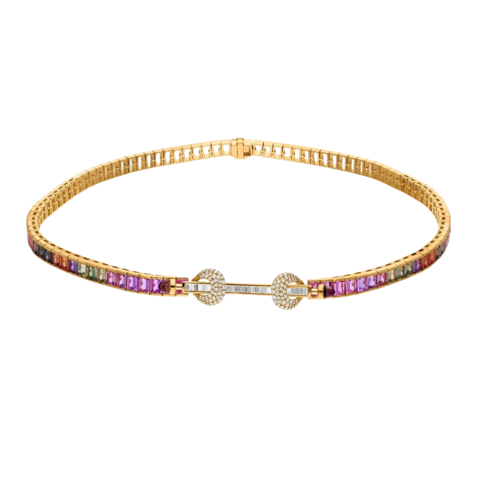 18k Solid Yellow Gold Multicolour Sapphire Choker Necklace with Diamond Clasp 15.24 CTW