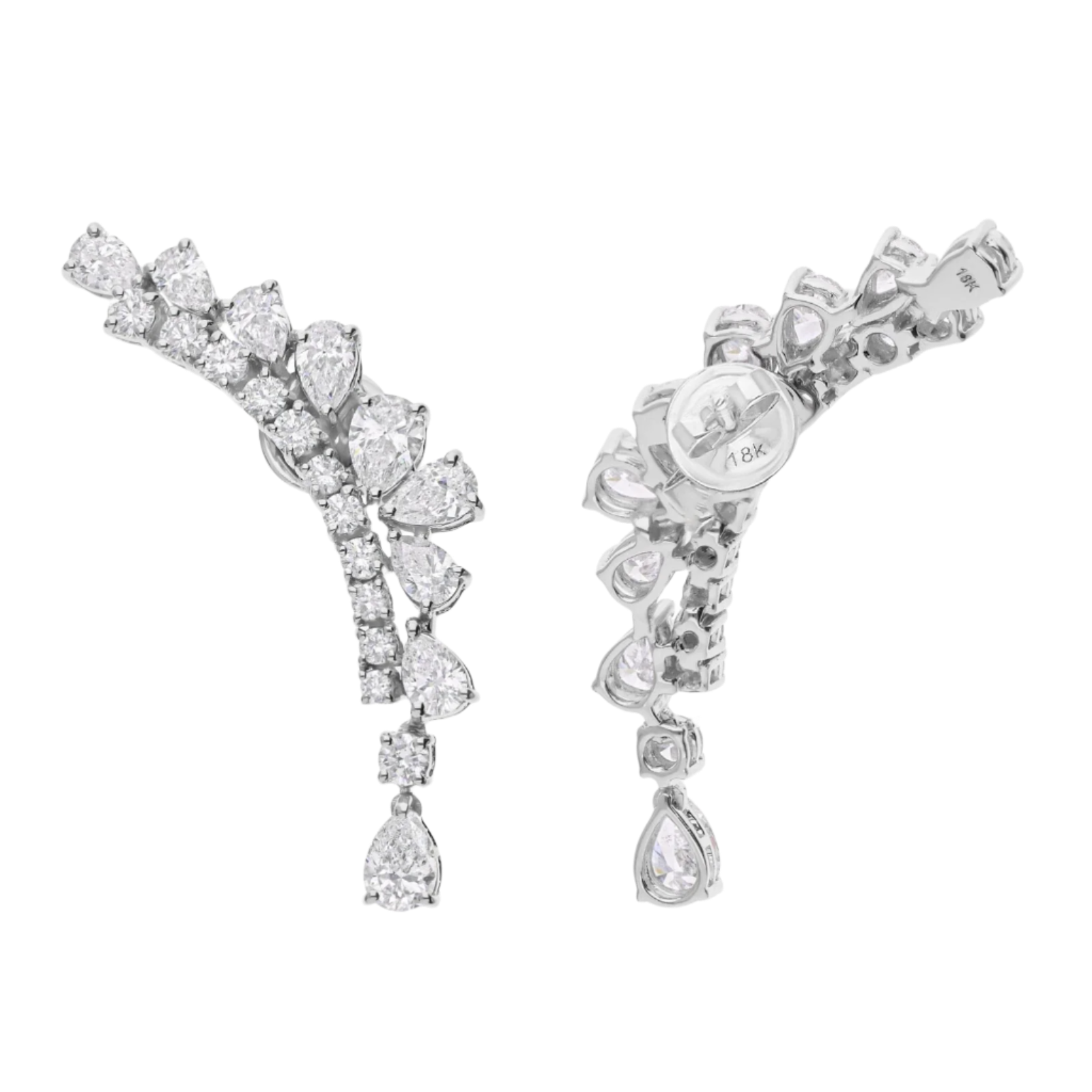 18k Solid White Gold Diamond Decorated Cocktail Ear Climbing Earrings 5.85 CTW