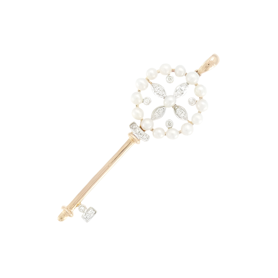 18k Rose Gold Natural Pearl and Diamond Key Pendant