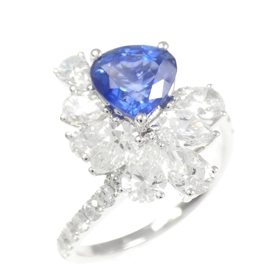 18k White Gold Royal Blue Sapphire and Diamond Cocktail Ring 2.82 CTW