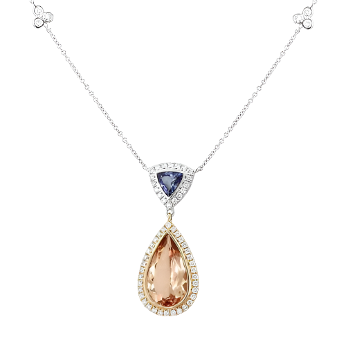 18k Solid White Gold Peach Morganite, Tanzanite and Diamond Drop Pendant 8.55 CTW