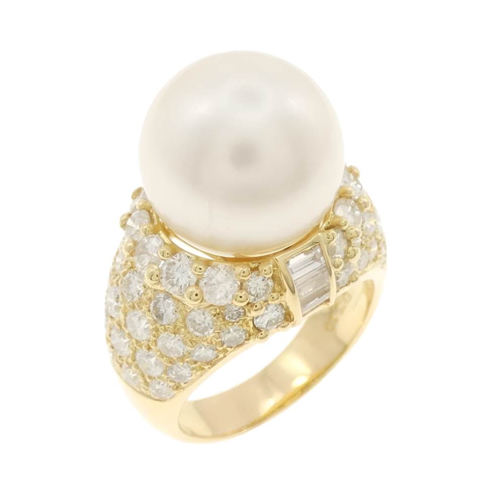 18k Solid Yellow Gold 13mm South Sea Pearl Cocktail Ring with Diamonds