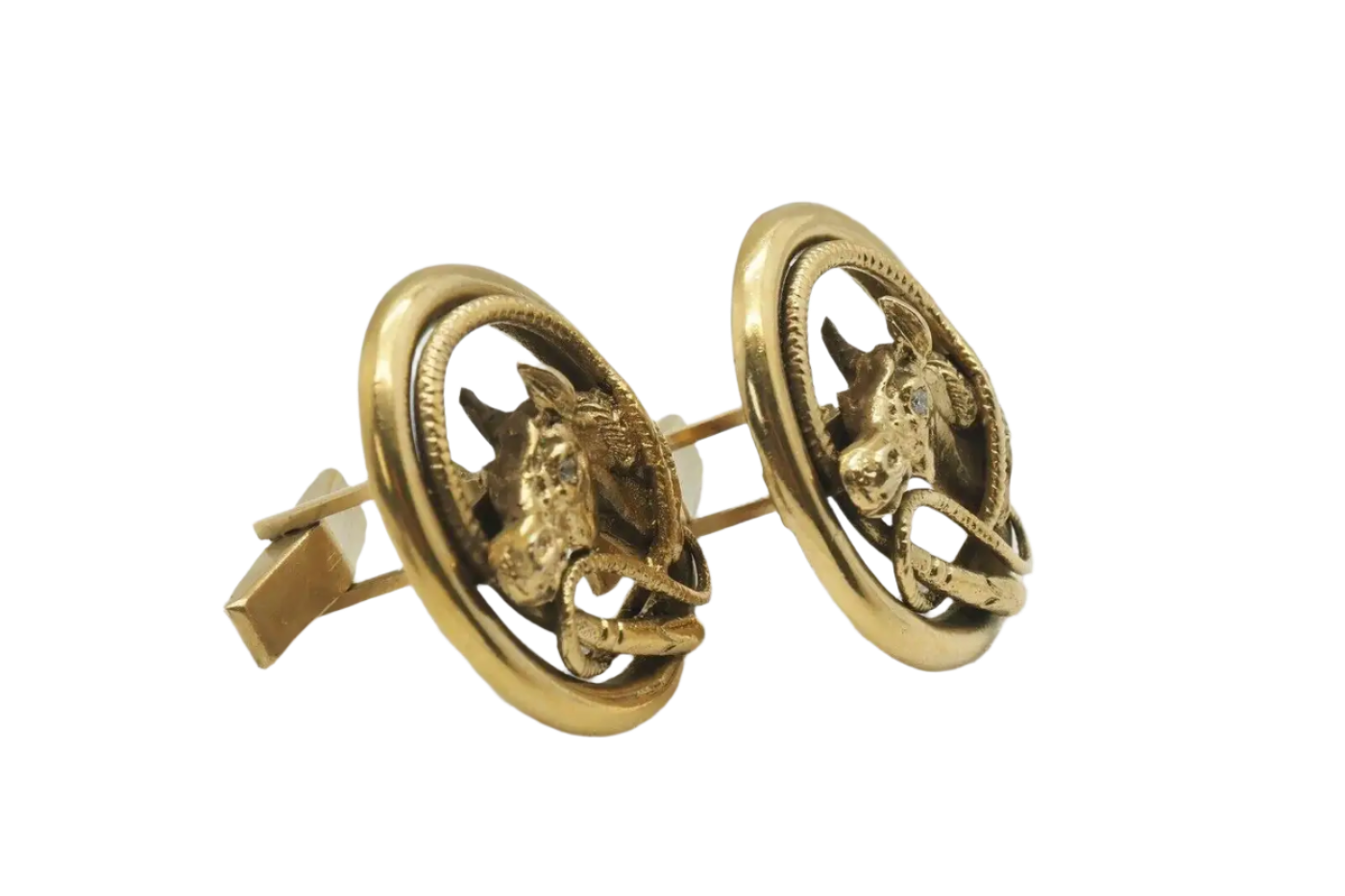 18k Solid Yellow Gold Vintage Diamond Horse Cufflinks - 34.2g
